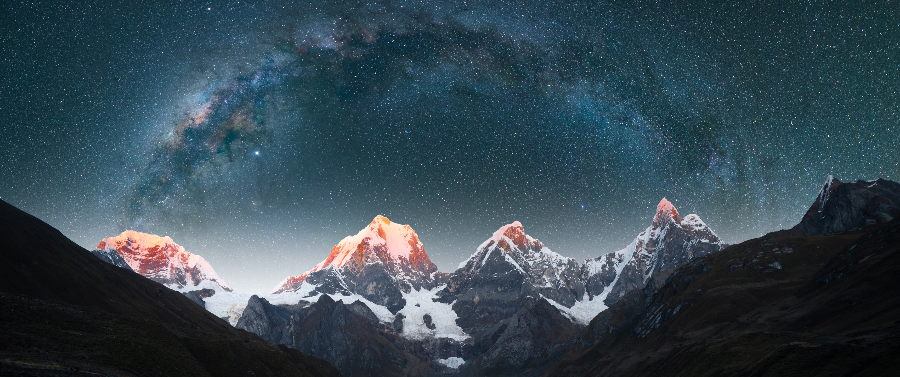 Milky Way over snow-capped mountains at night HD Wallpaper