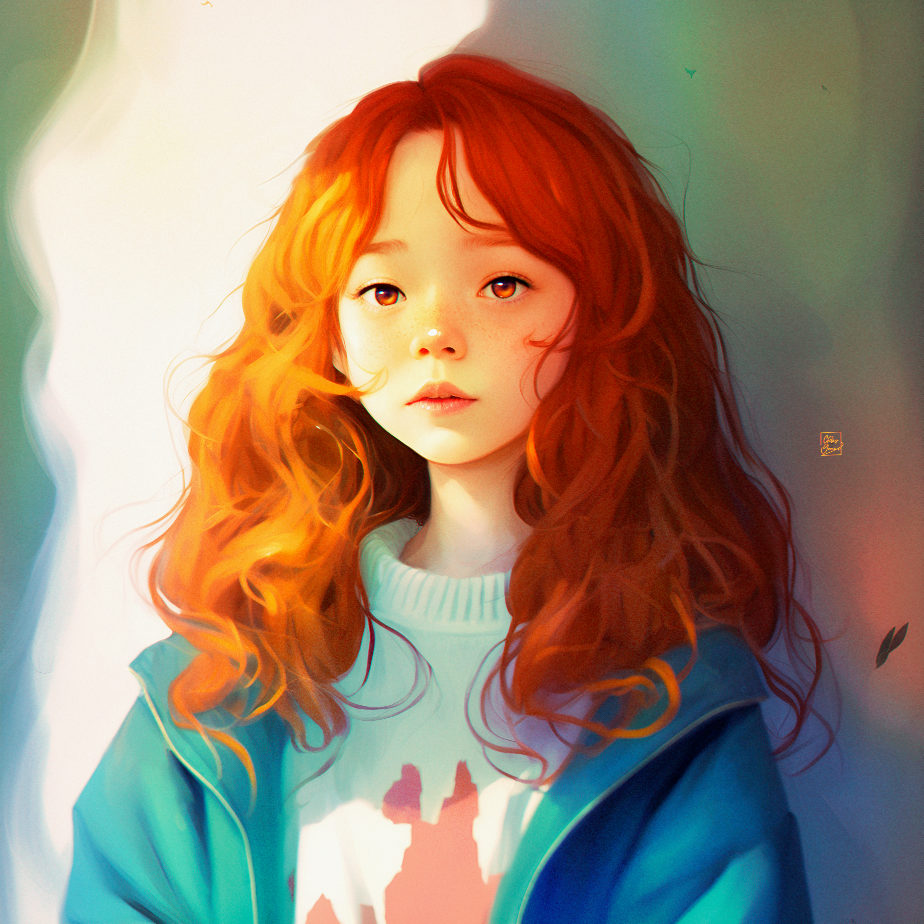 A young girl with red hair in a blue coat HD Wallpaper