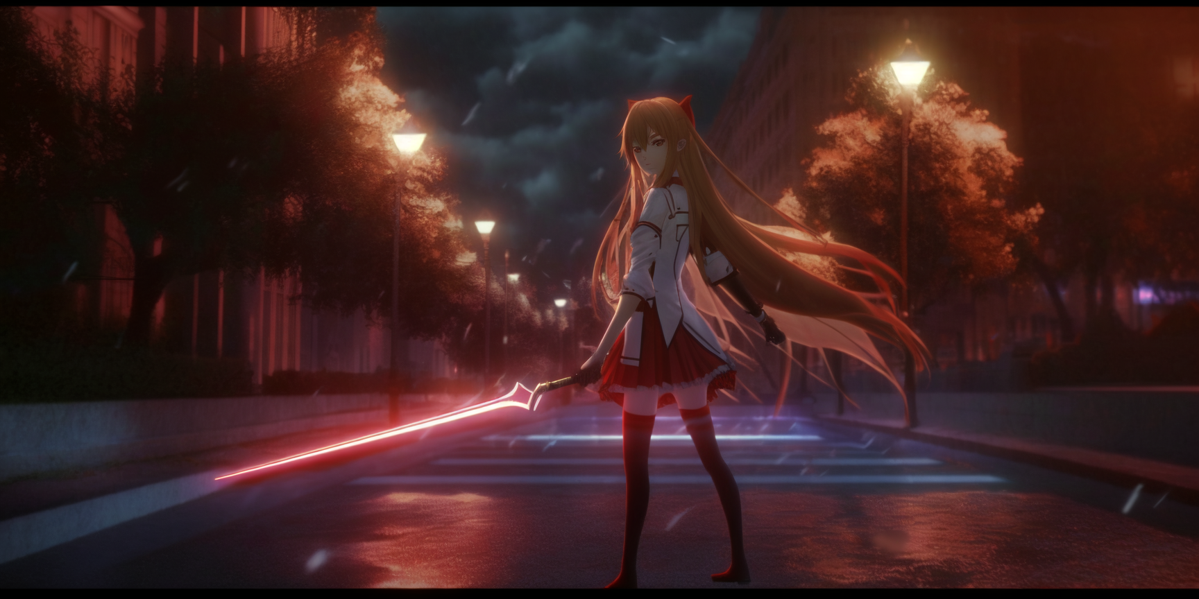 Yuuki Asuna with a glowing sword at night HD Wallpaper
