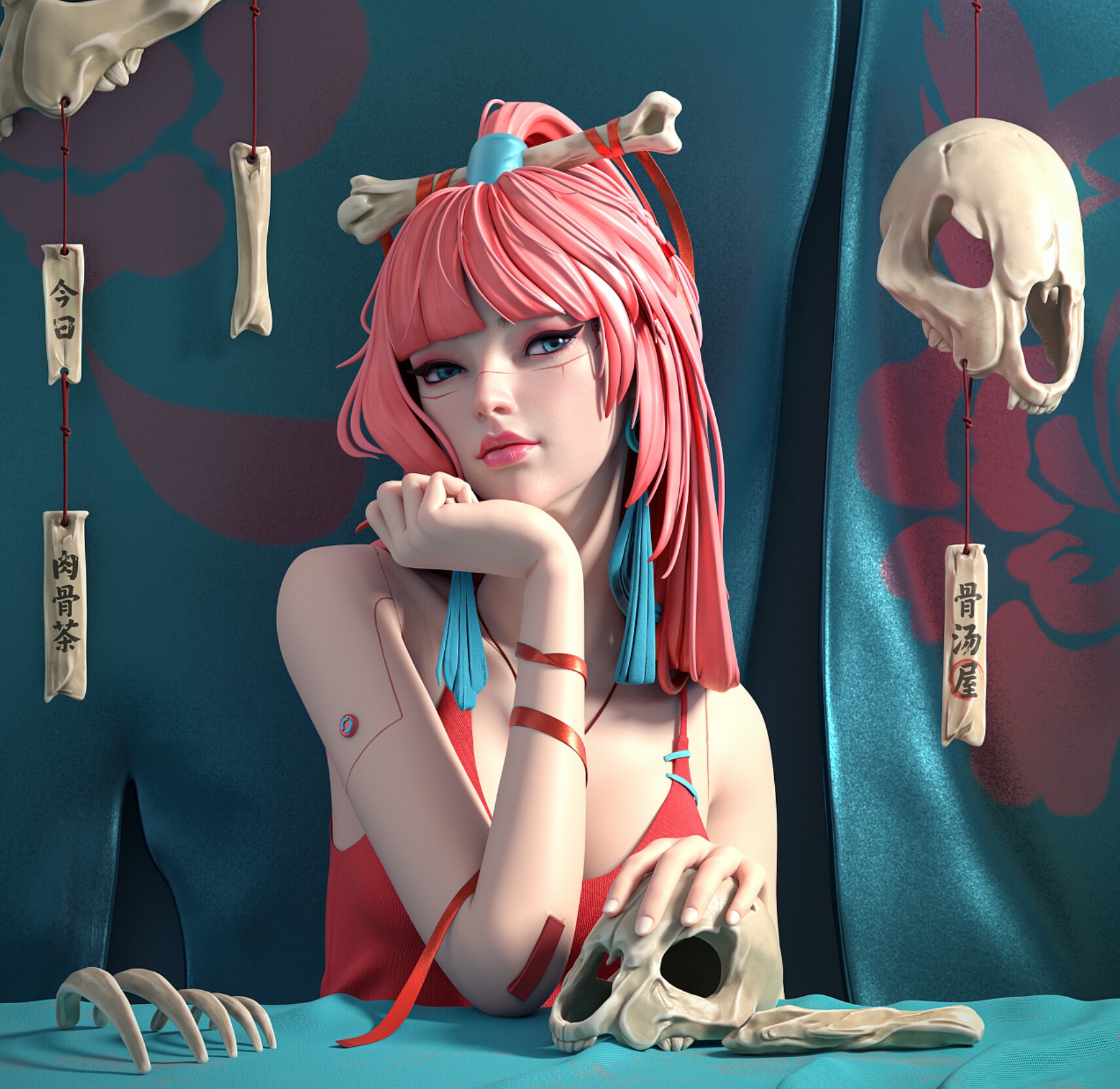 Woman with pink hair and bones HD Wallpaper