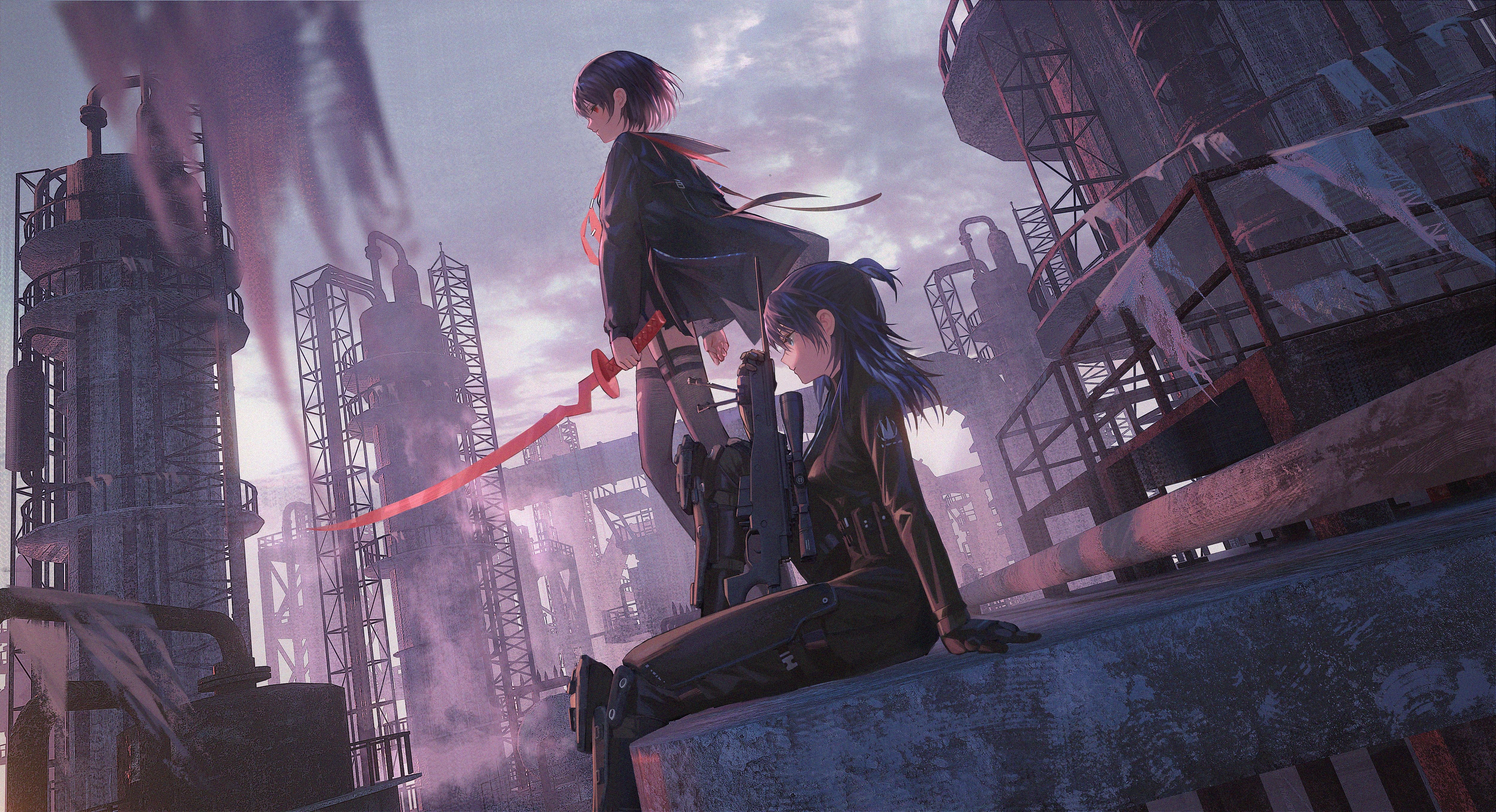 Anime girls with weapons in industrial setting HD Wallpaper