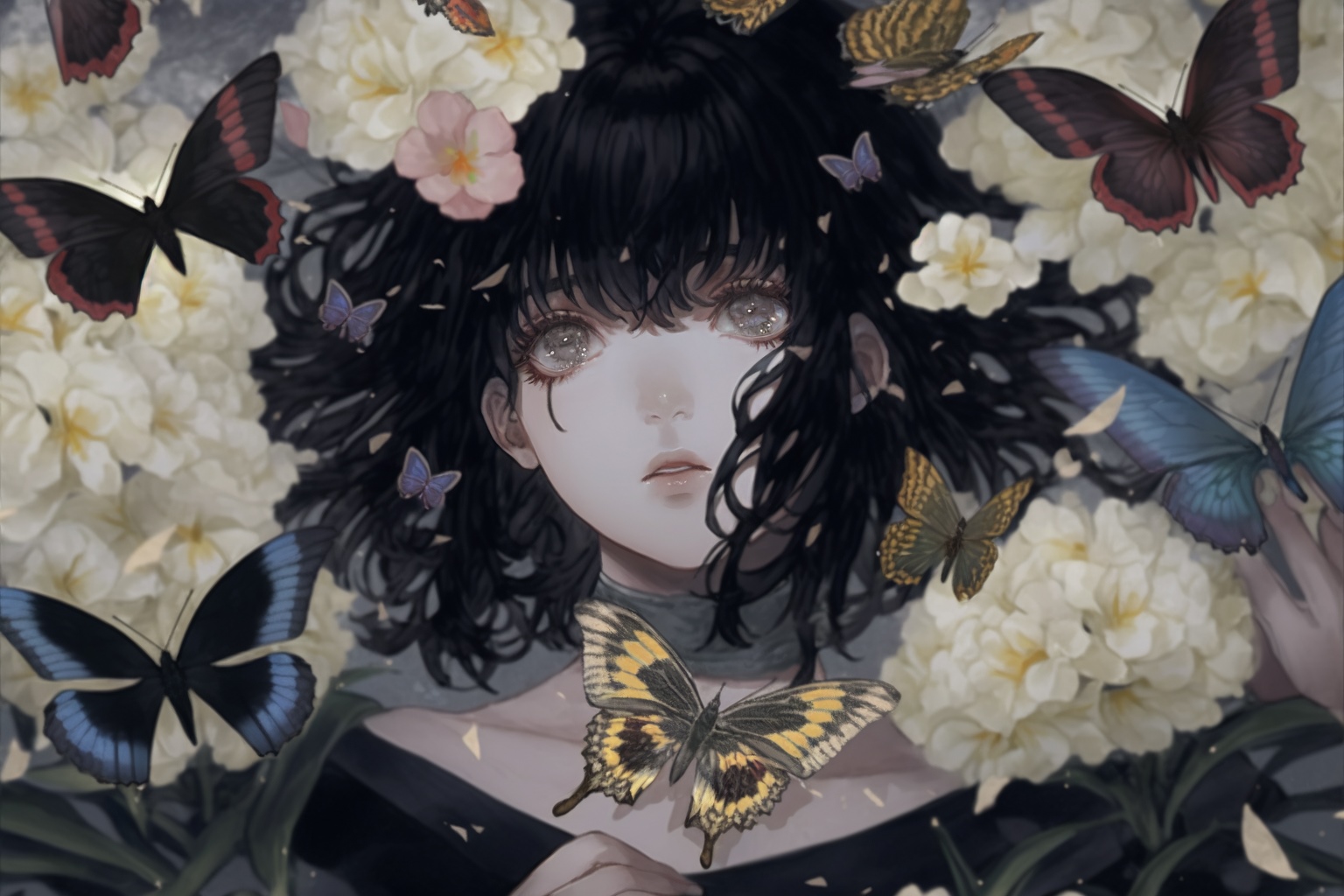 Anime girl with black hair surrounded by butterflies and flowers HD Wallpaper