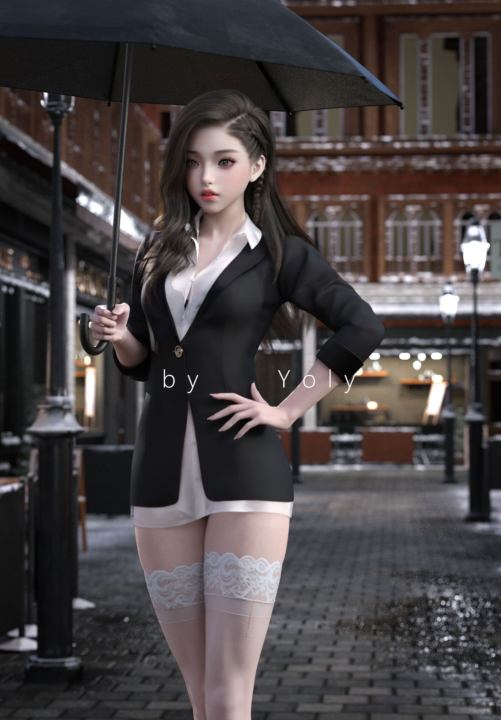 Yoly holding an umbrella in a city street HD Phone Wallpaper