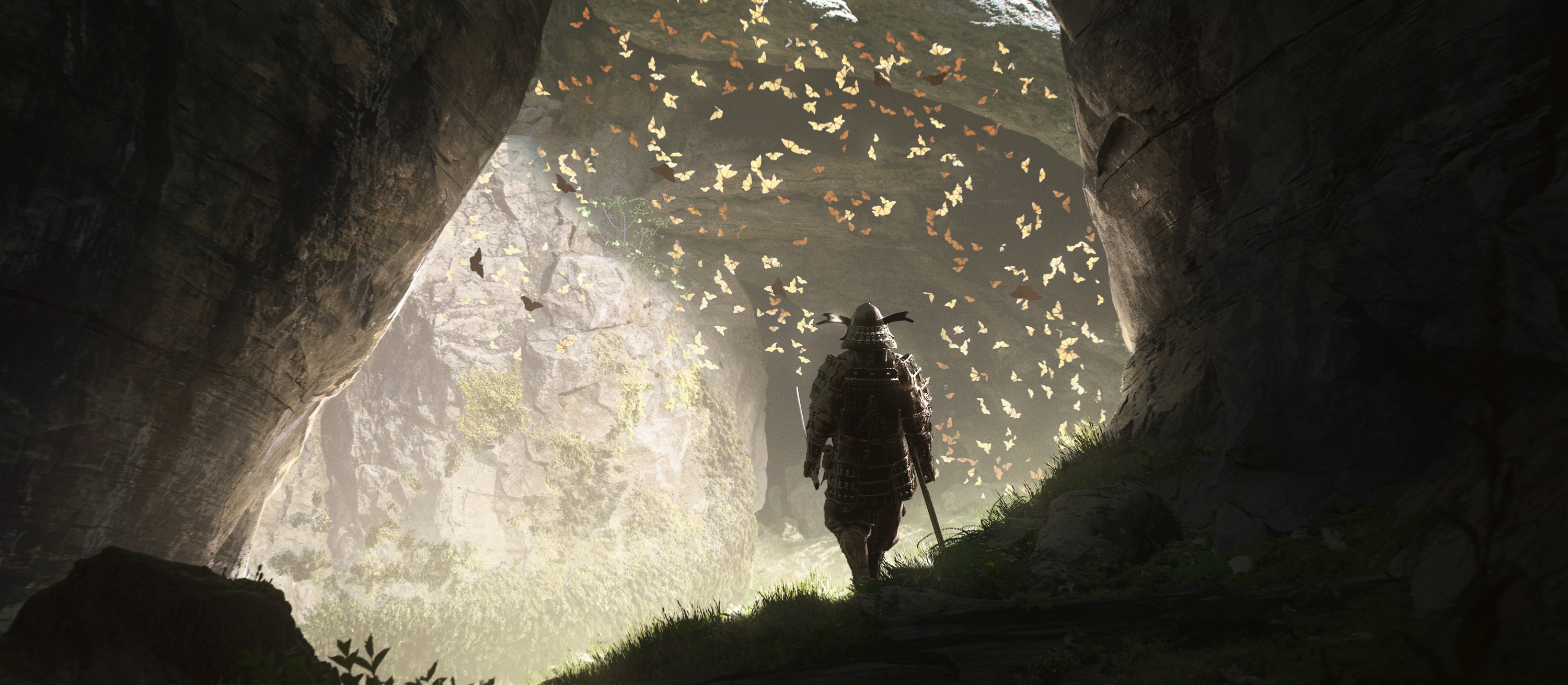Samurai walking through a cave with butterflies HD Wallpaper