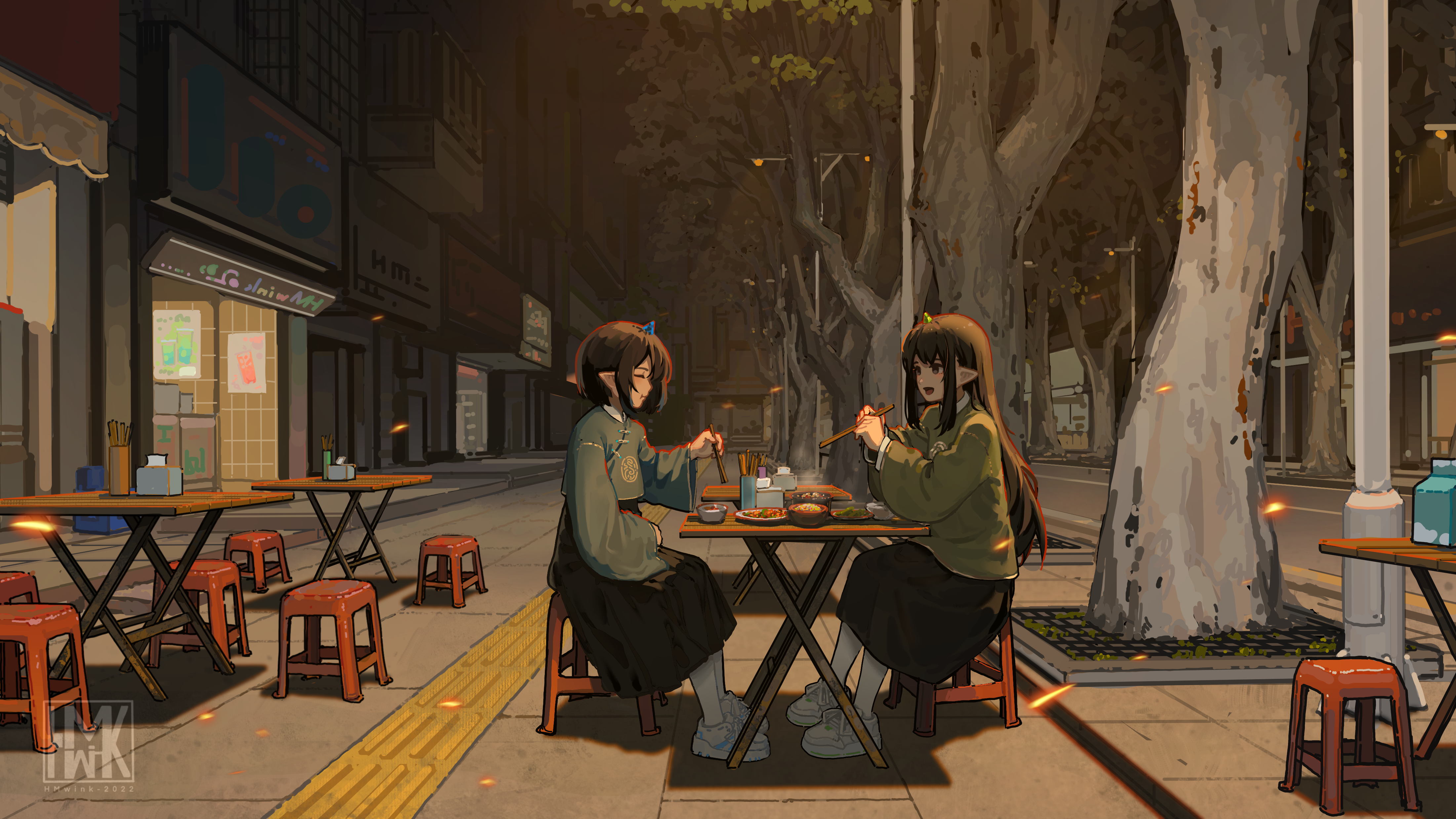 4K anime girls eating street food HD Wallpaper