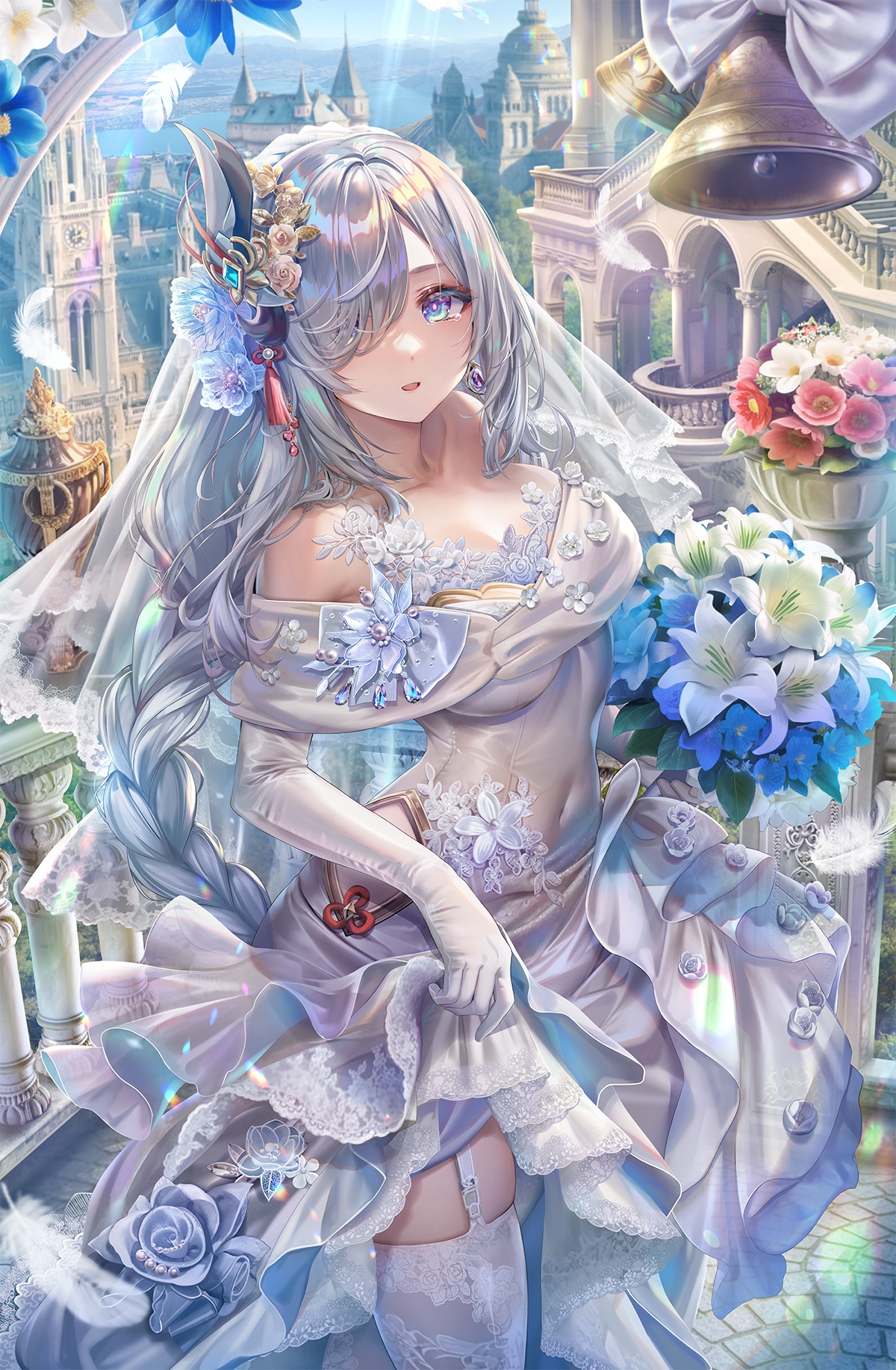 Shenhe in a wedding dress holding a bouquet HD Phone Wallpaper