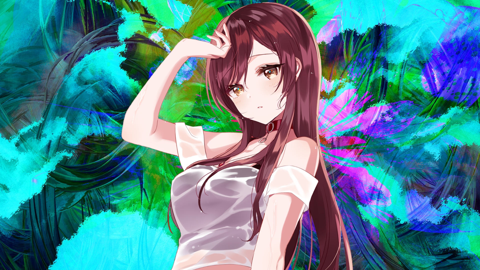 Anime girl with choker on abstract background HD Wallpaper