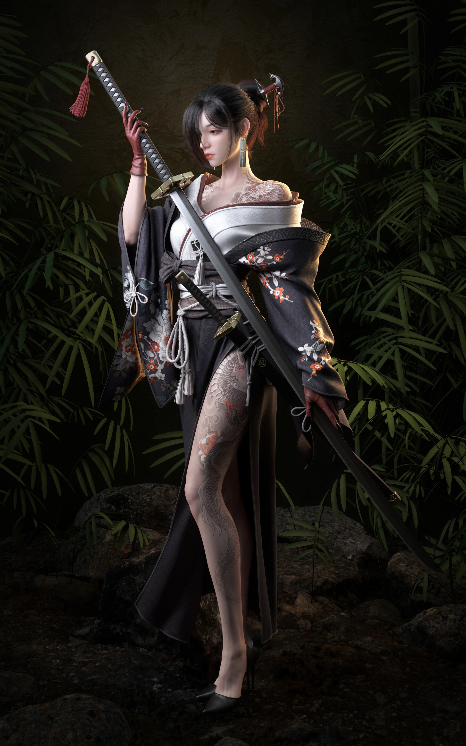 Woman in Kimono with Katana and Tattoos HD Phone Wallpaper