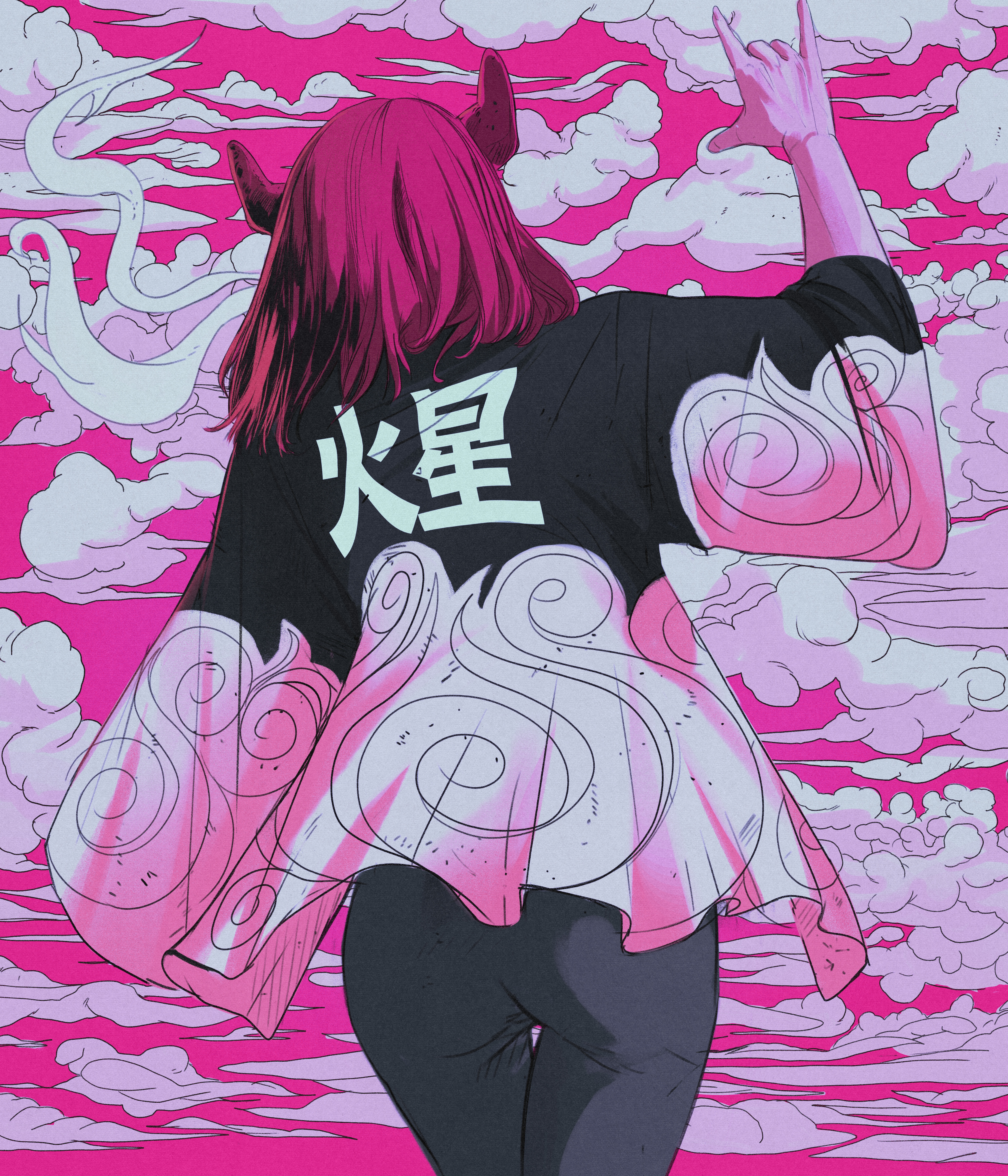 Woman with horns and Japanese clothes in clouds HD Phone Wallpaper