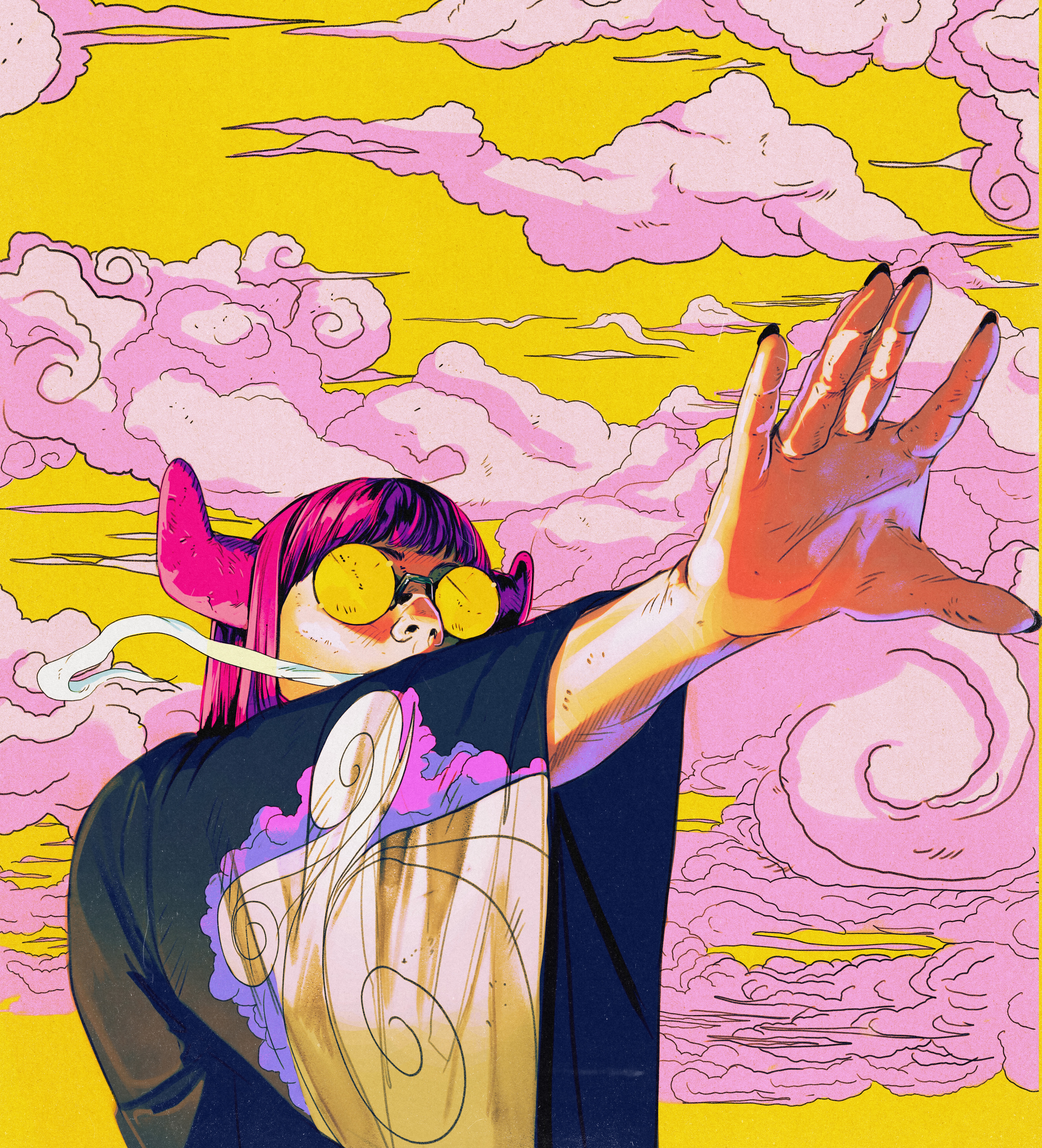 Futuristic woman with horns and sunglasses in clouds HD Wallpaper