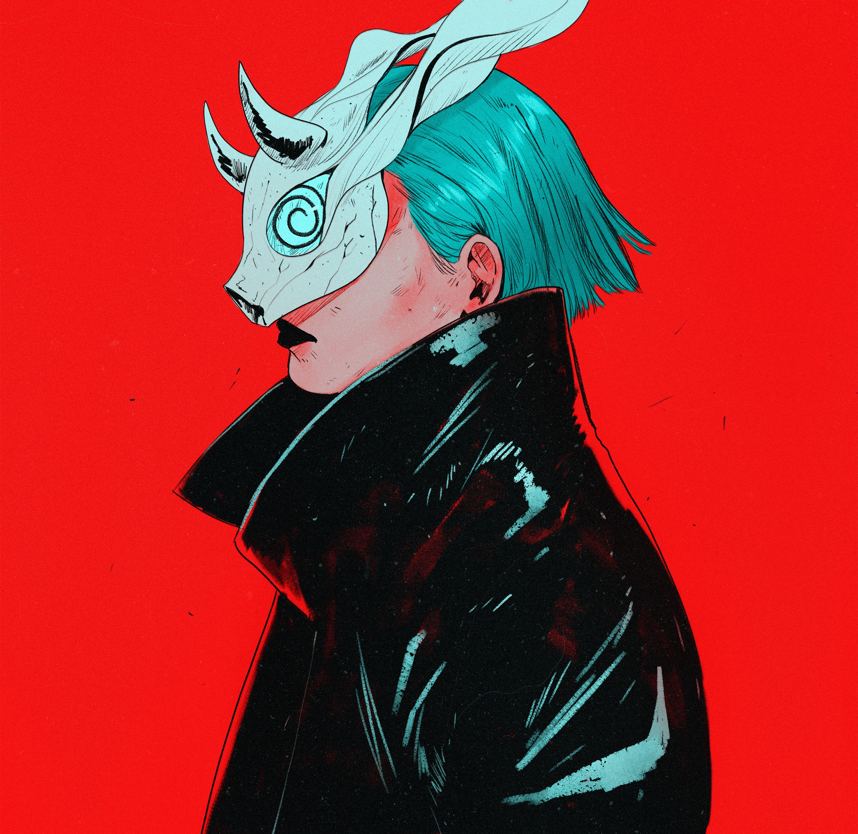 Woman with Cyan Hair and Horned Mask HD Wallpaper