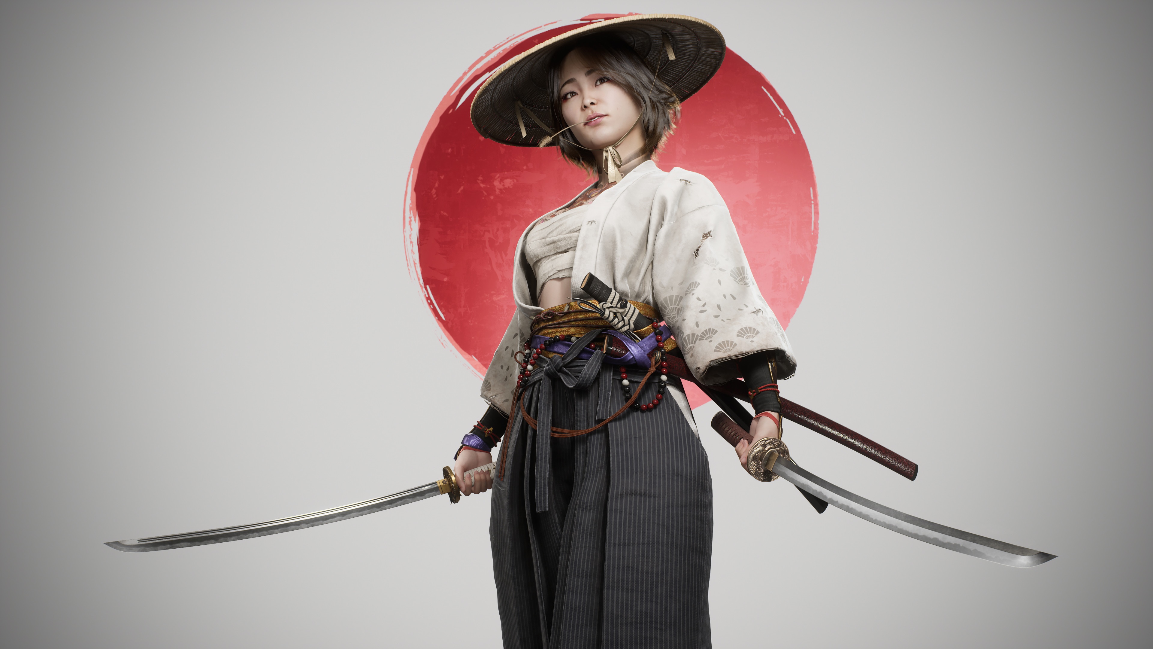 Samurai woman with katanas and straw hat HD Wallpaper
