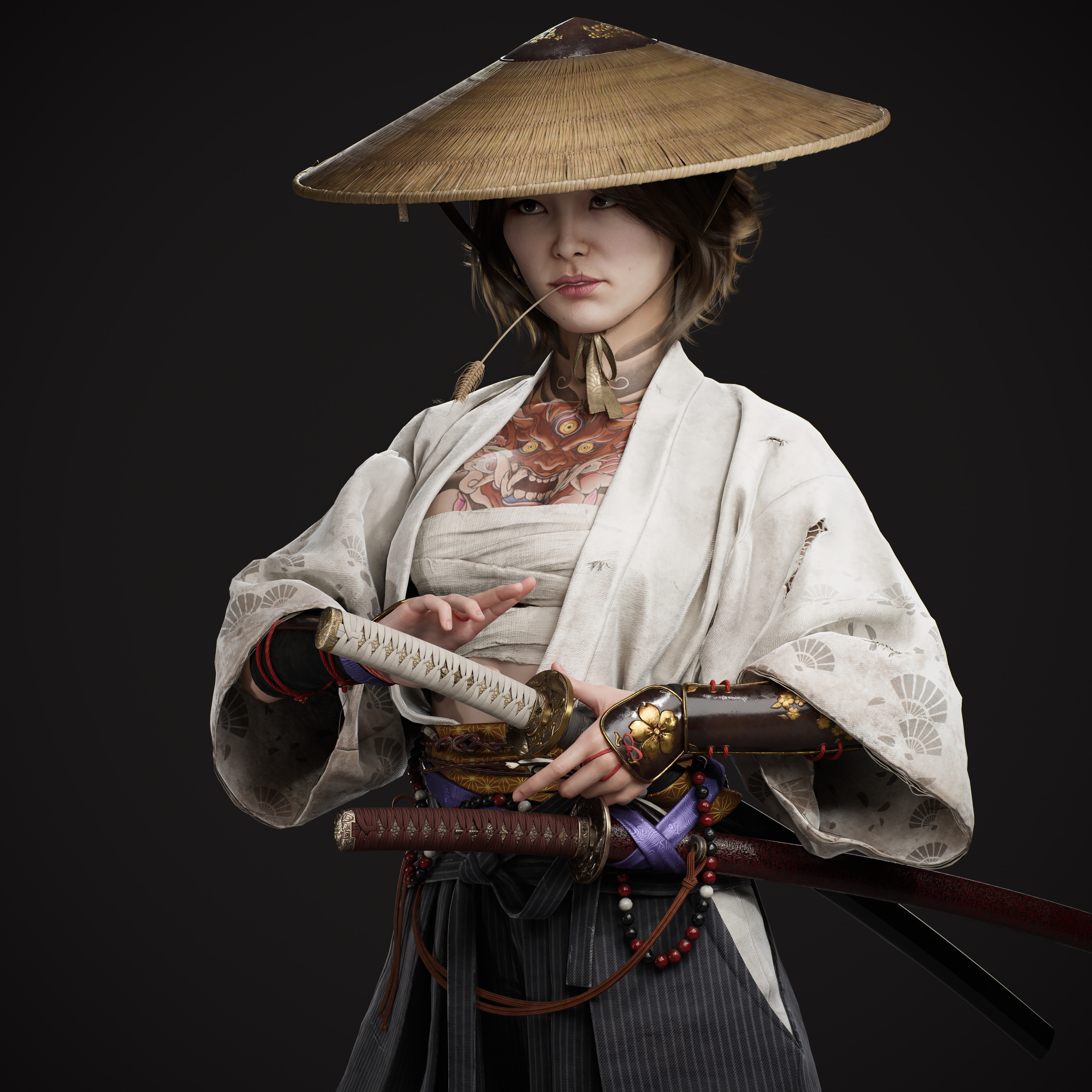 4K Samurai woman with swords and tattoo HD Wallpaper