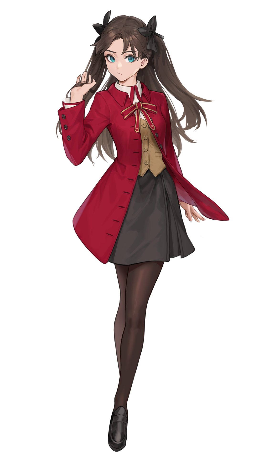 Tohsaka Rin in a red coat and school uniform HD Phone Wallpaper