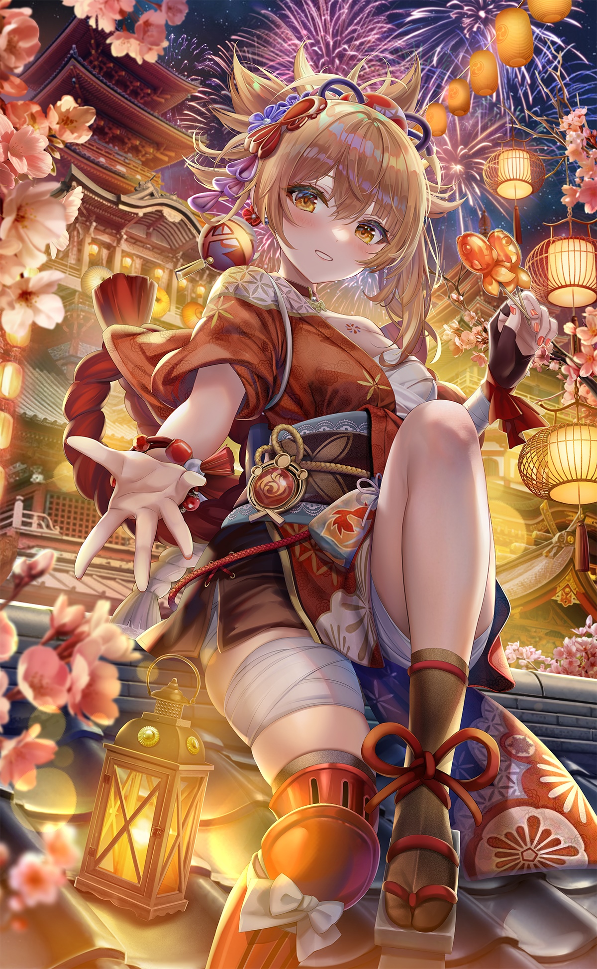 Yoimiya with Fireworks and Lanterns HD Phone Wallpaper