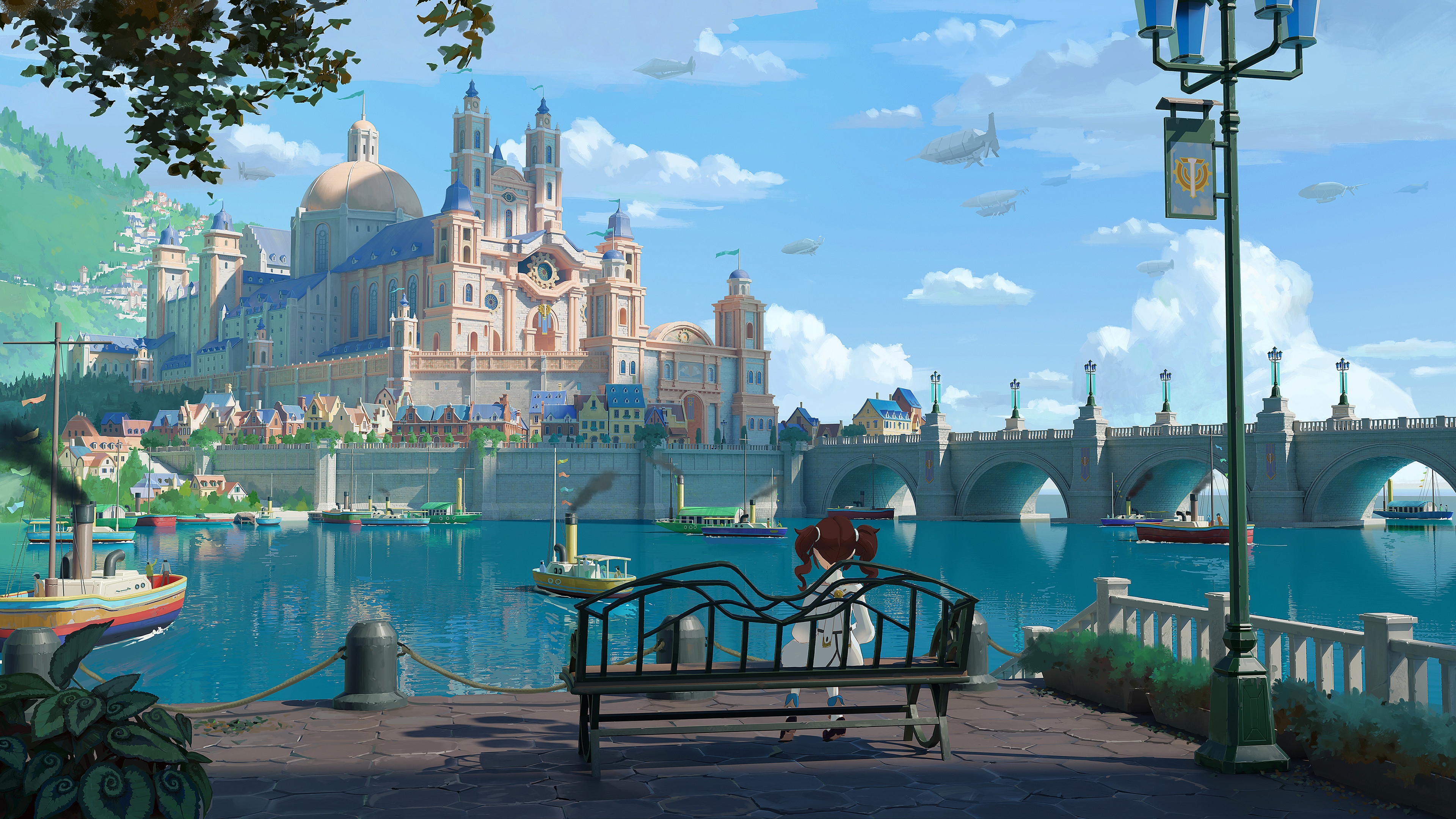 4K city with castle, bridge, and river HD Wallpaper