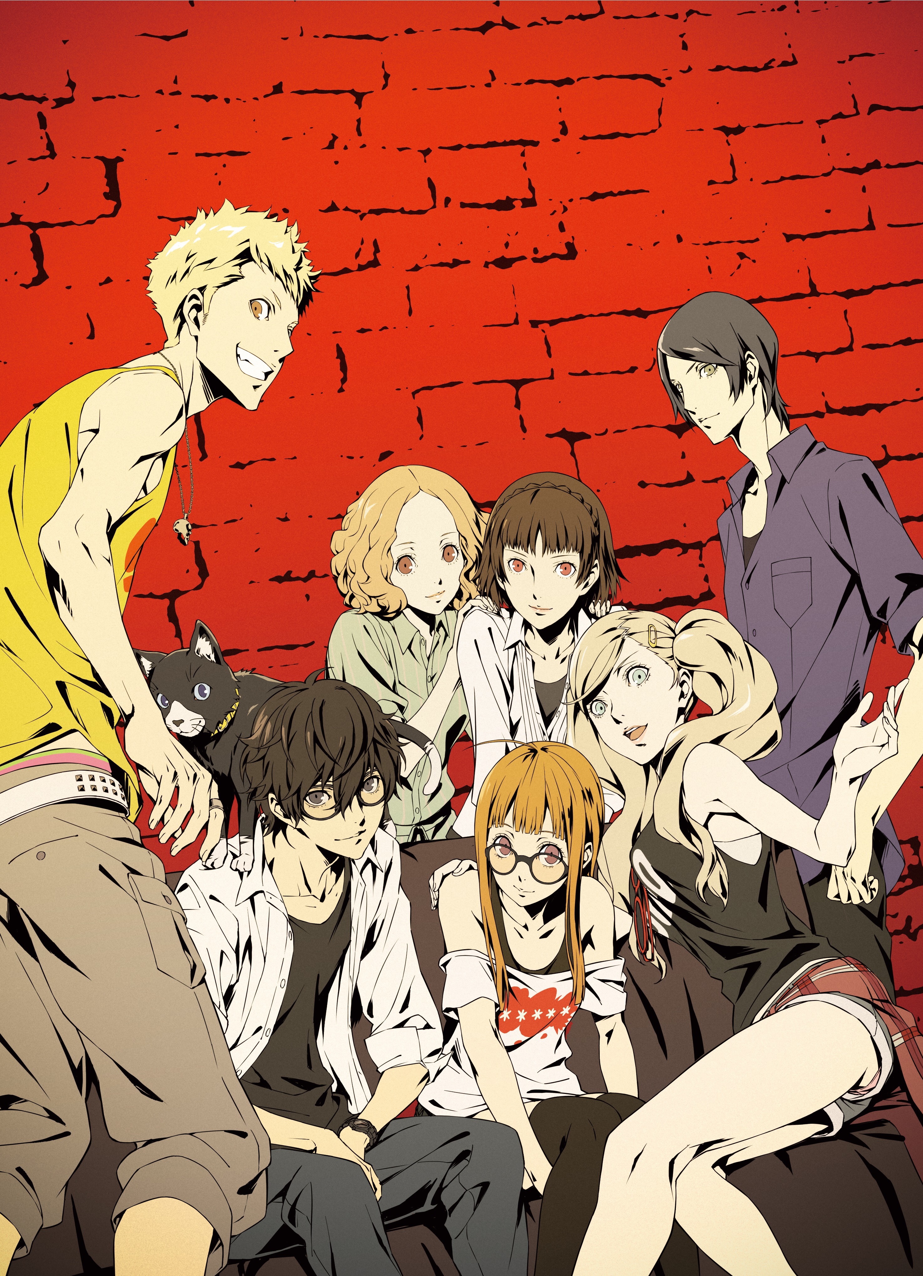 Persona 5 characters posing in front of a brick wall HD Phone Wallpaper