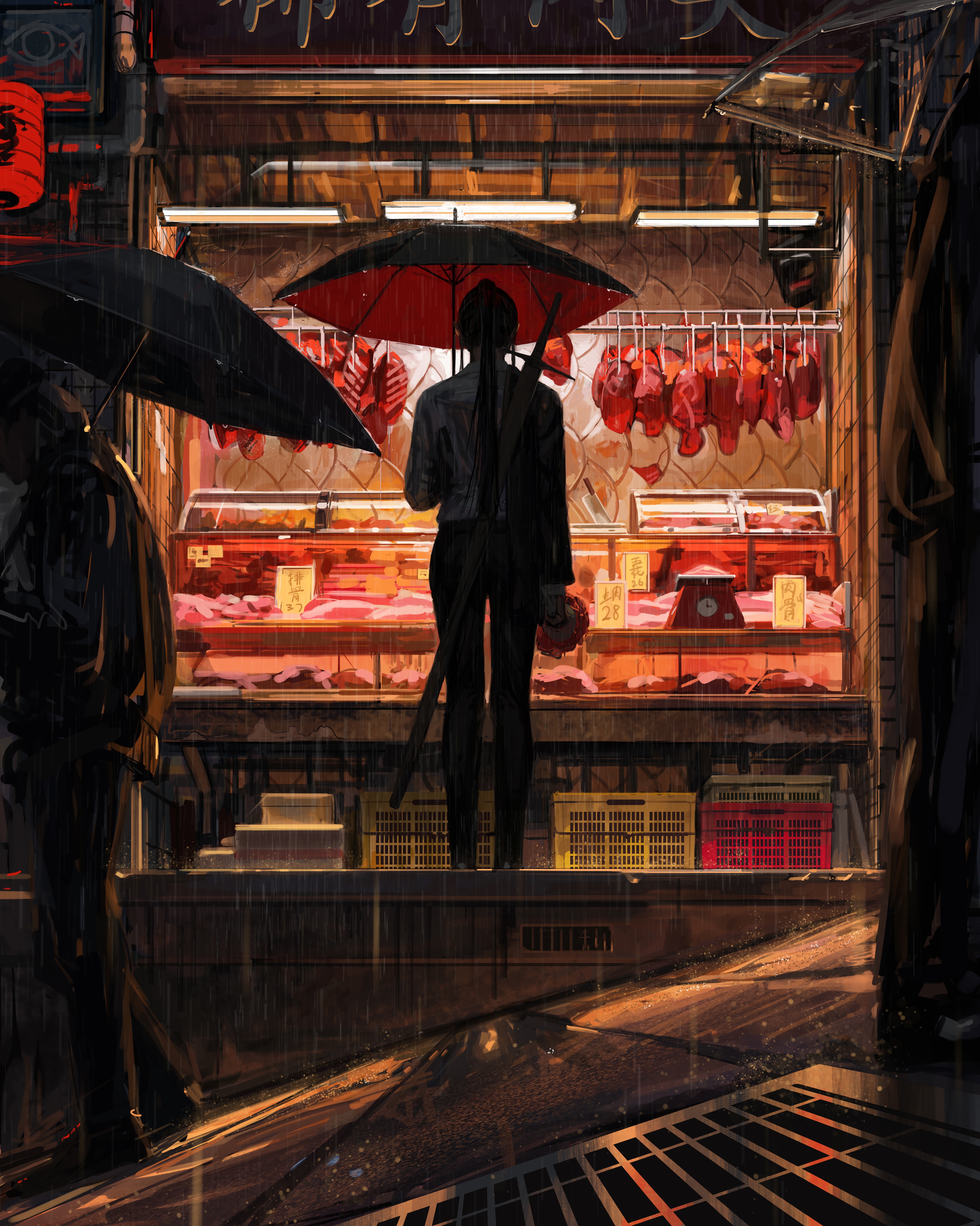 Fantasy art of a woman with a sword at a market HD Phone Wallpaper