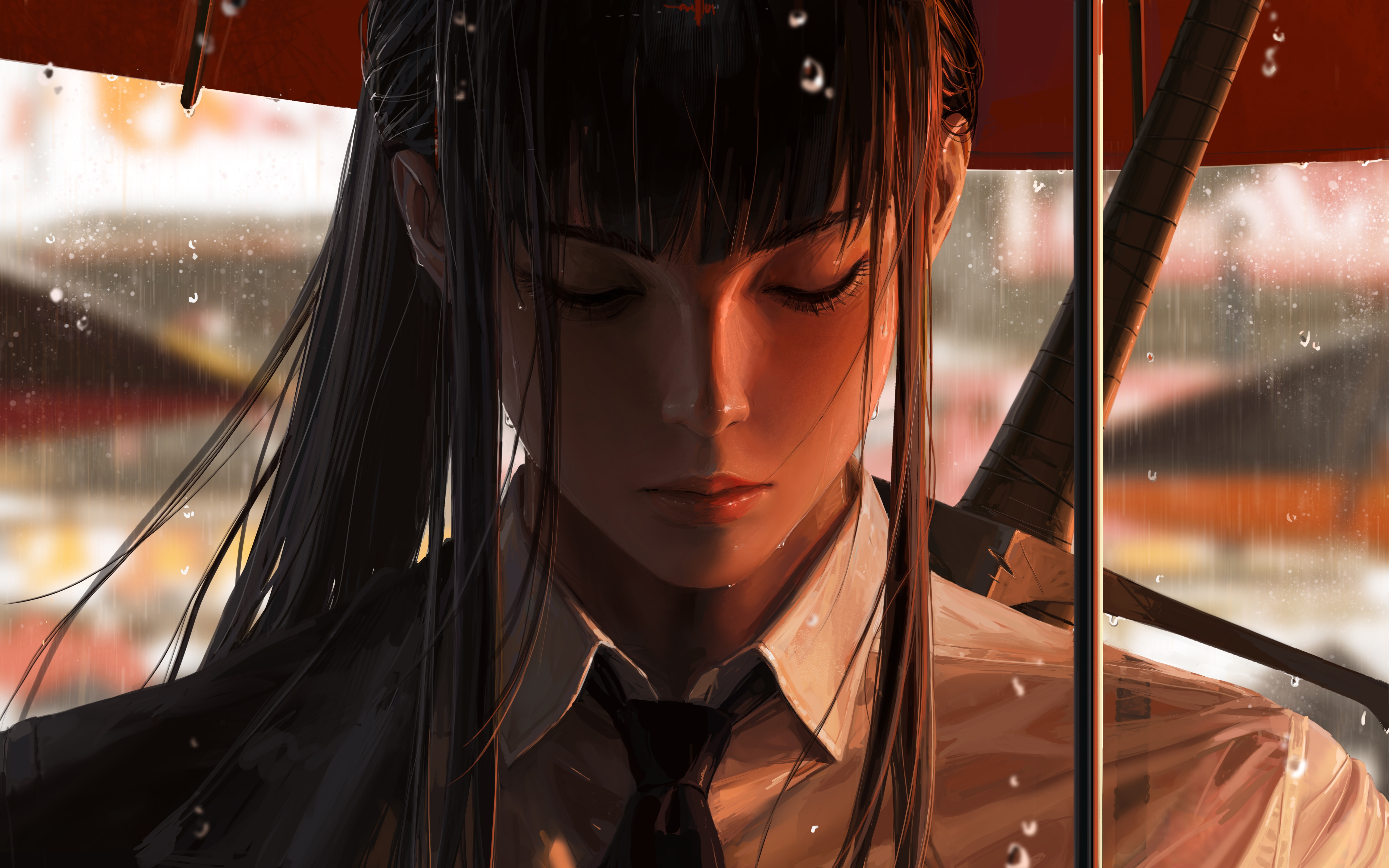 4K GUWEIZ fantasy art of a girl with a sword under an umbrella in the rain HD Wallpaper