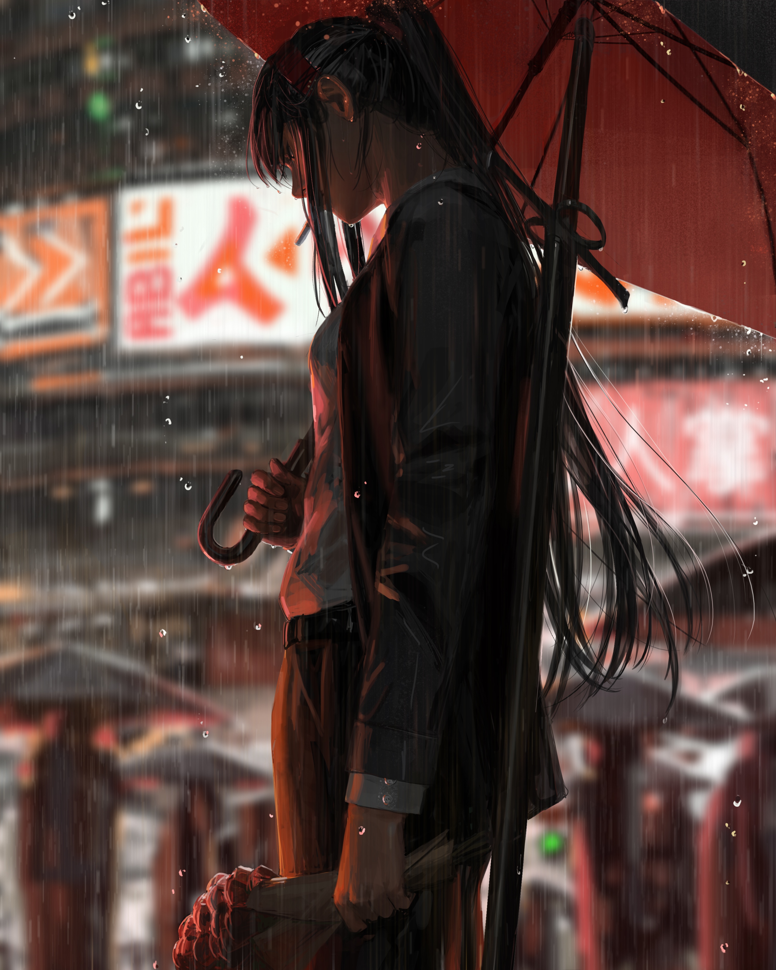 Fantasy girl with umbrella and sword in the rain HD Phone Wallpaper