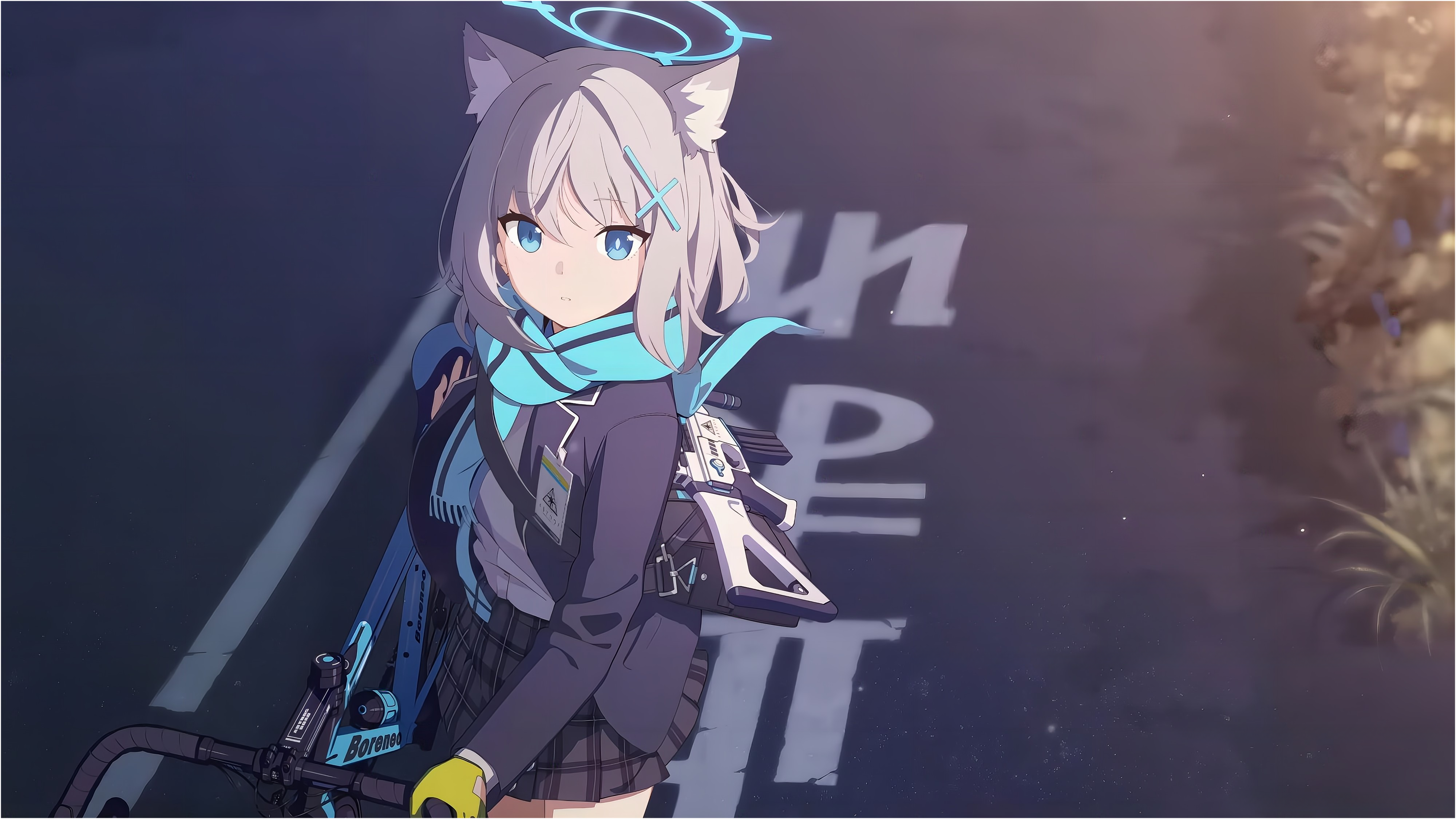 Shiroko with a bicycle and gun in Blue Archive HD Wallpaper