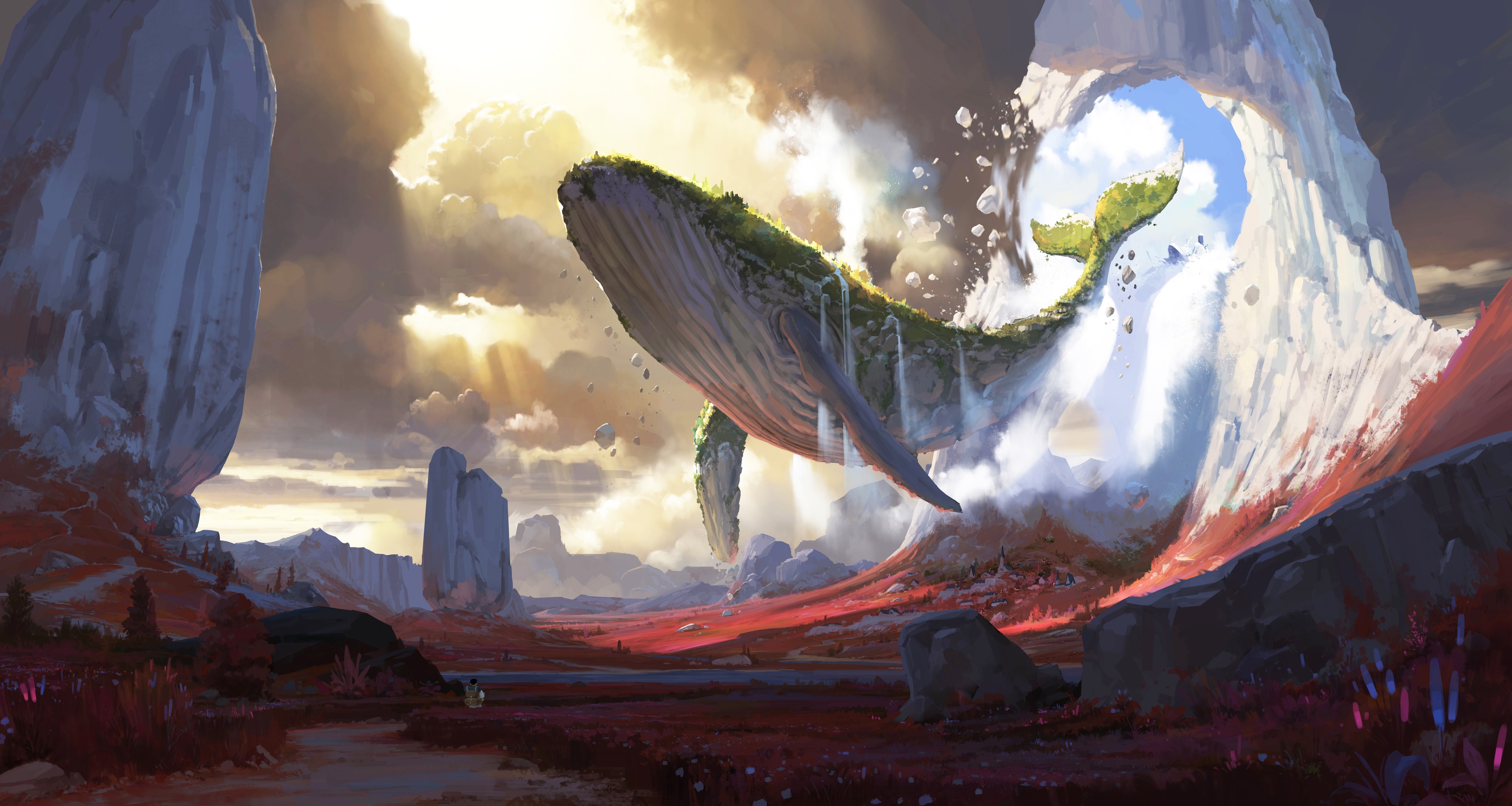 Fantasy landscape painting of a whale in the sky by Sin Jong Hun HD Wallpaper