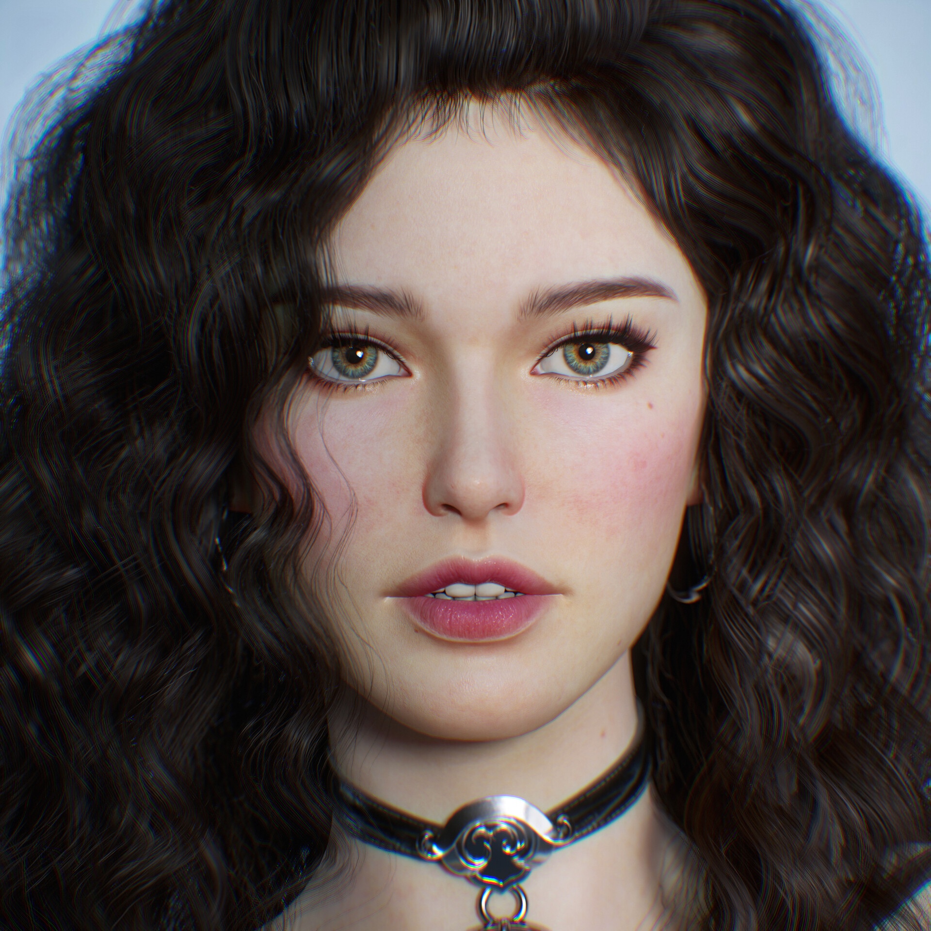 Woman with dark curly hair and choker HD Wallpaper