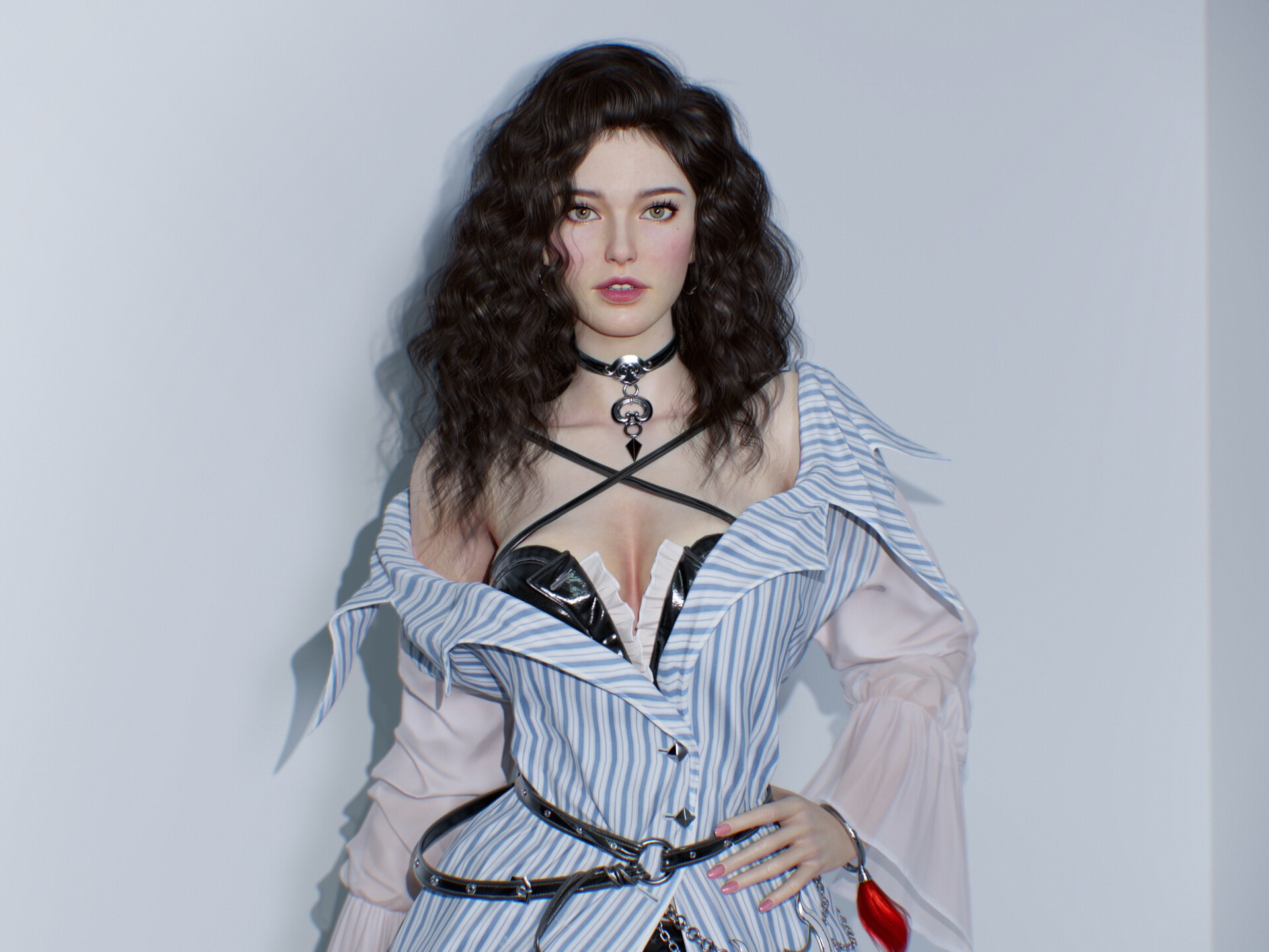 Woman with dark curly hair wearing a choker and striped dress HD Wallpaper