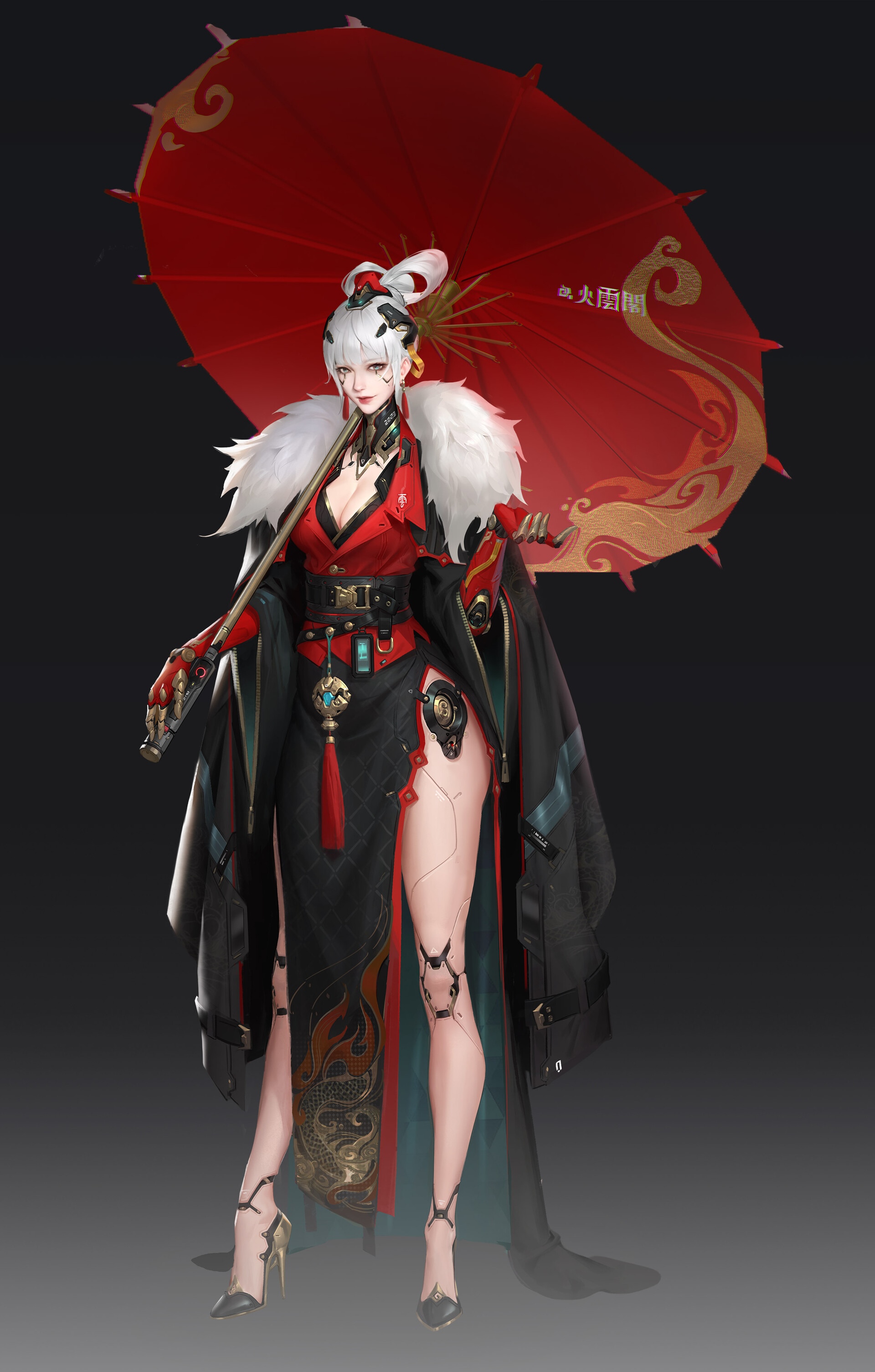 Cyborg woman with red umbrella and fur collar HD Phone Wallpaper