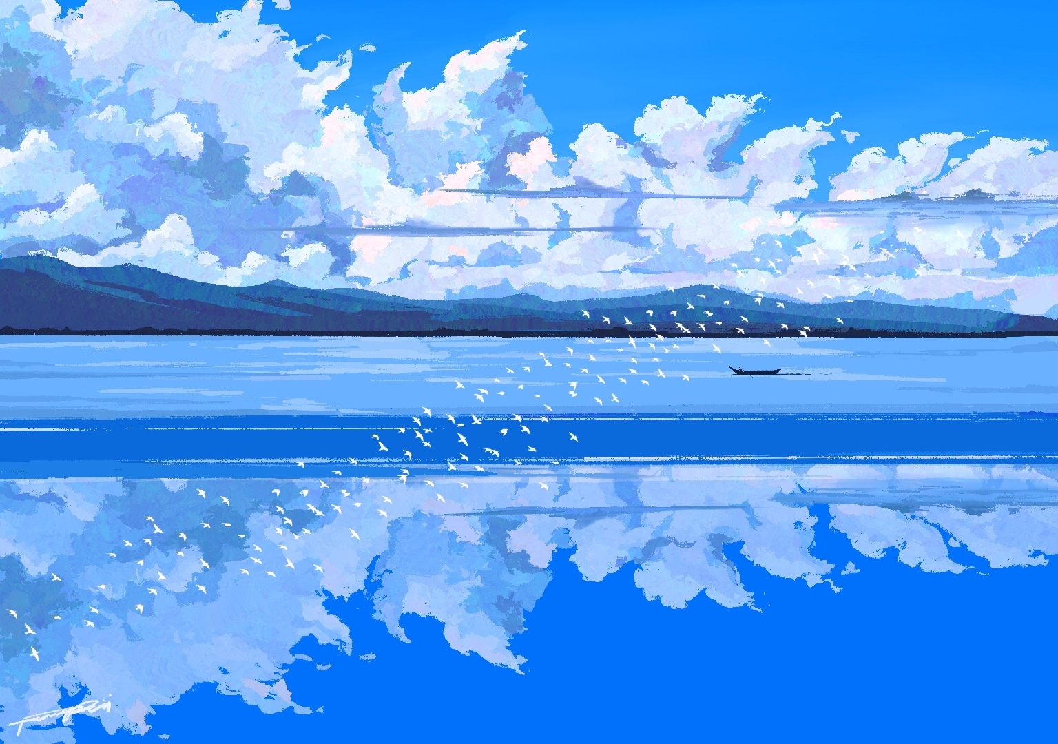 Flock of birds over a calm lake with mountains and clouds HD Wallpaper