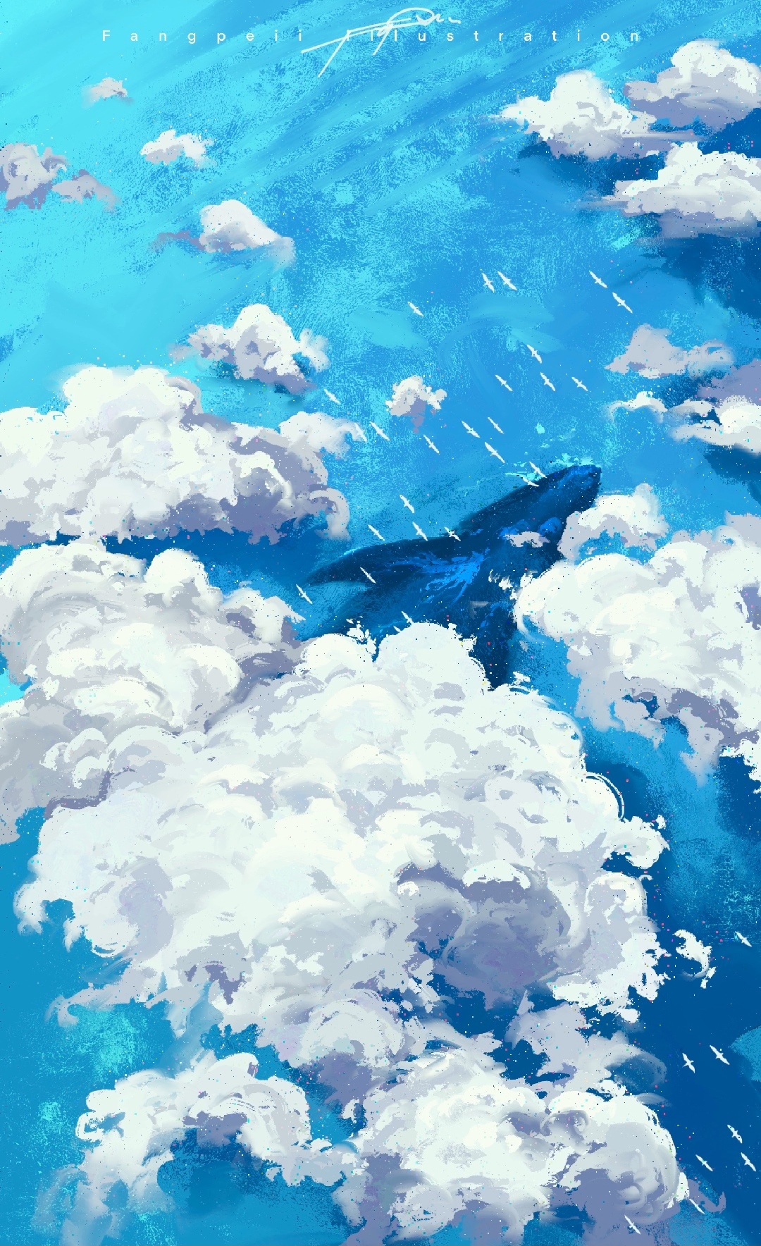 Whale and birds flying through clouds HD Phone Wallpaper