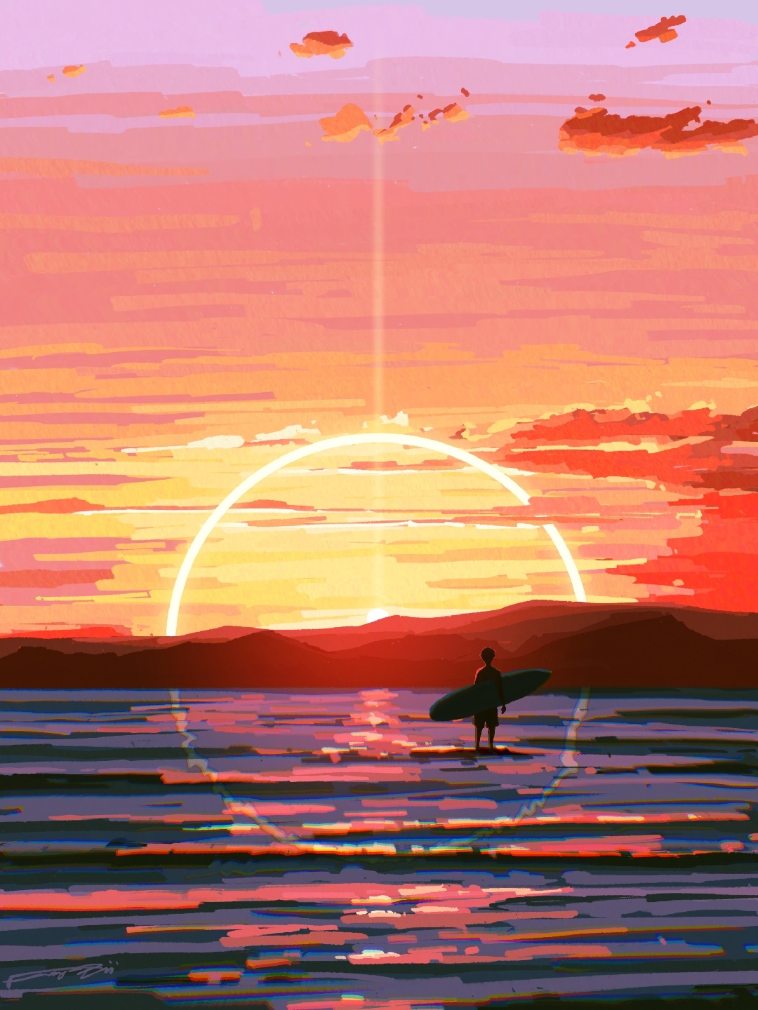Surfer watching a surreal sunset over the ocean HD Phone Wallpaper