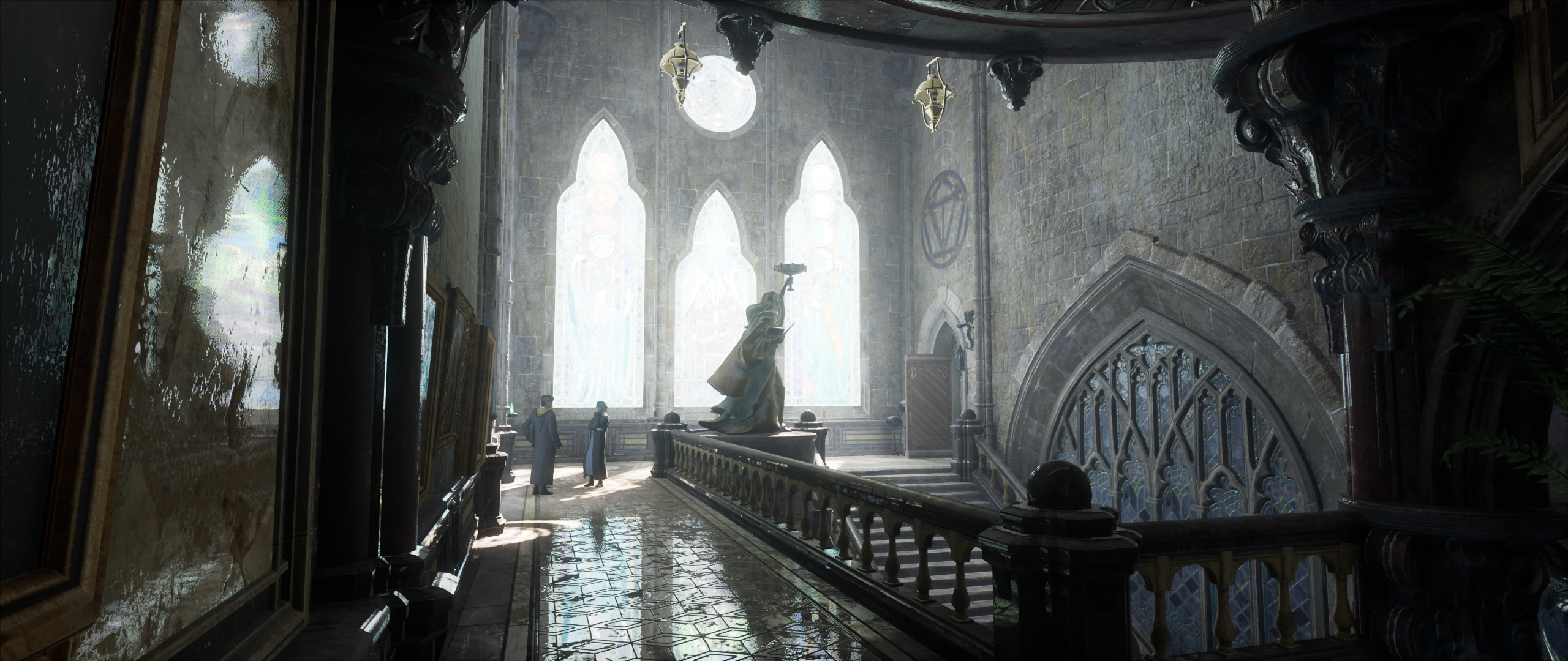 Hogwarts Legacy: Grand Hall with Statue and Stained Glass Windows HD Wallpaper