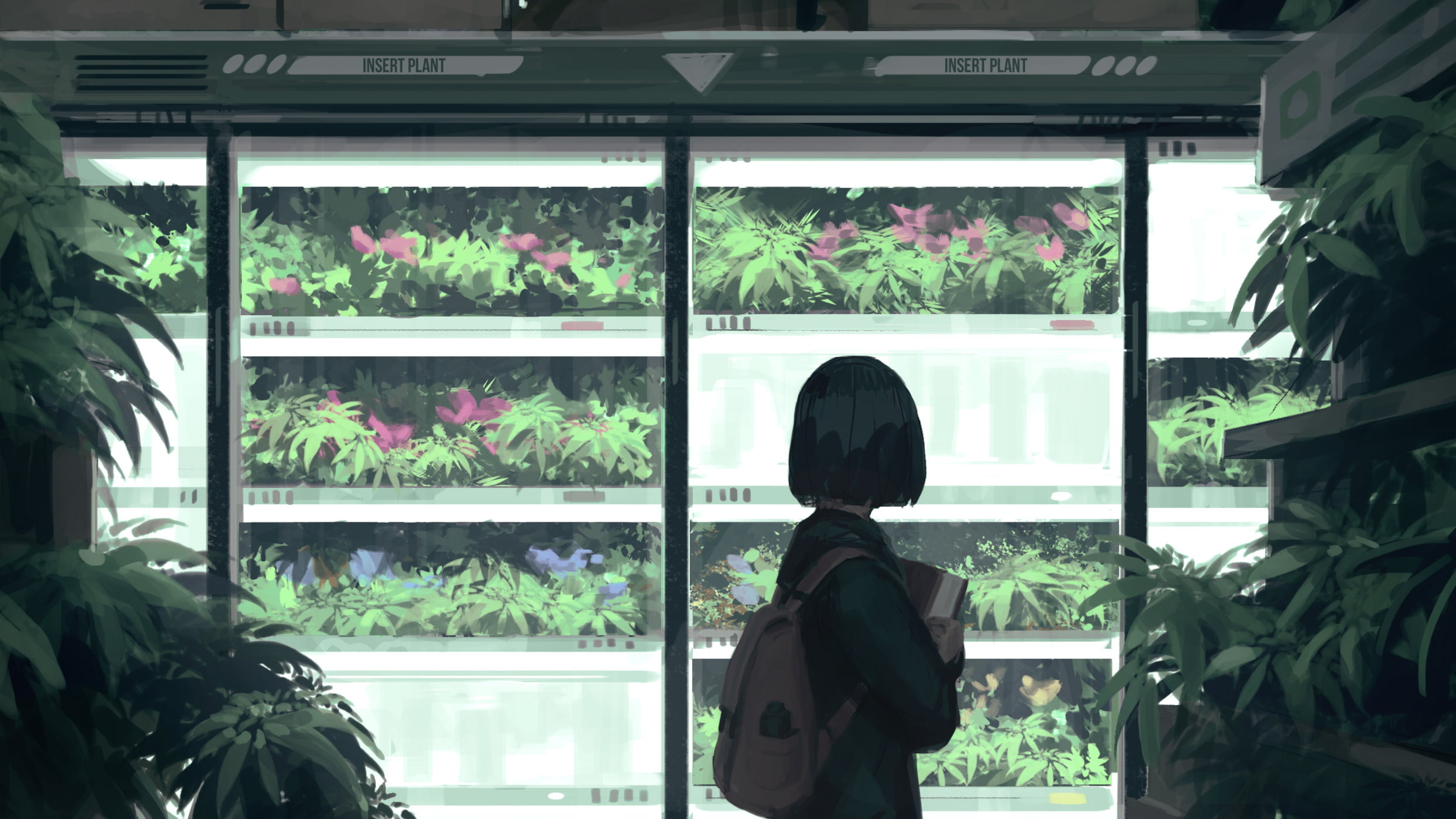 Girl with backpack looking at plants in a futuristic display HD Wallpaper