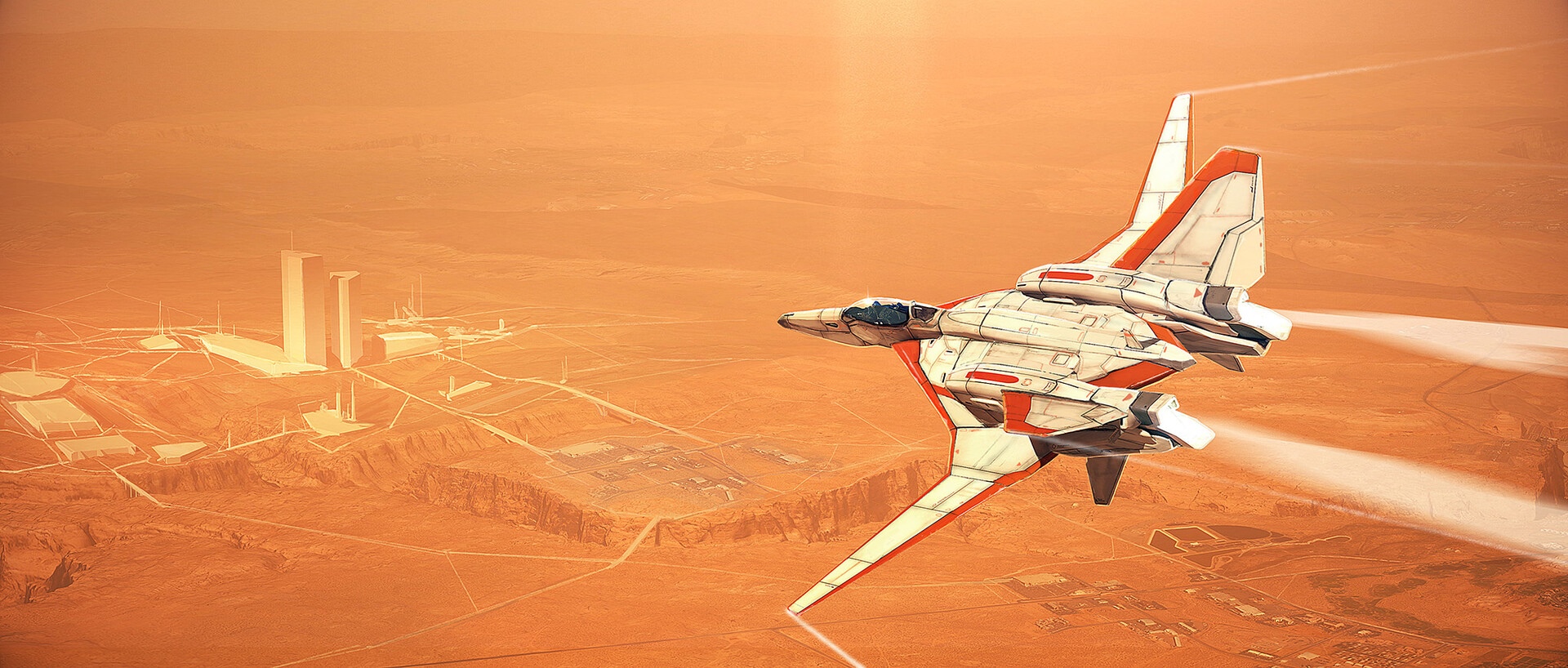Robotech jet fighter flies over a Mars colony HD Wallpaper