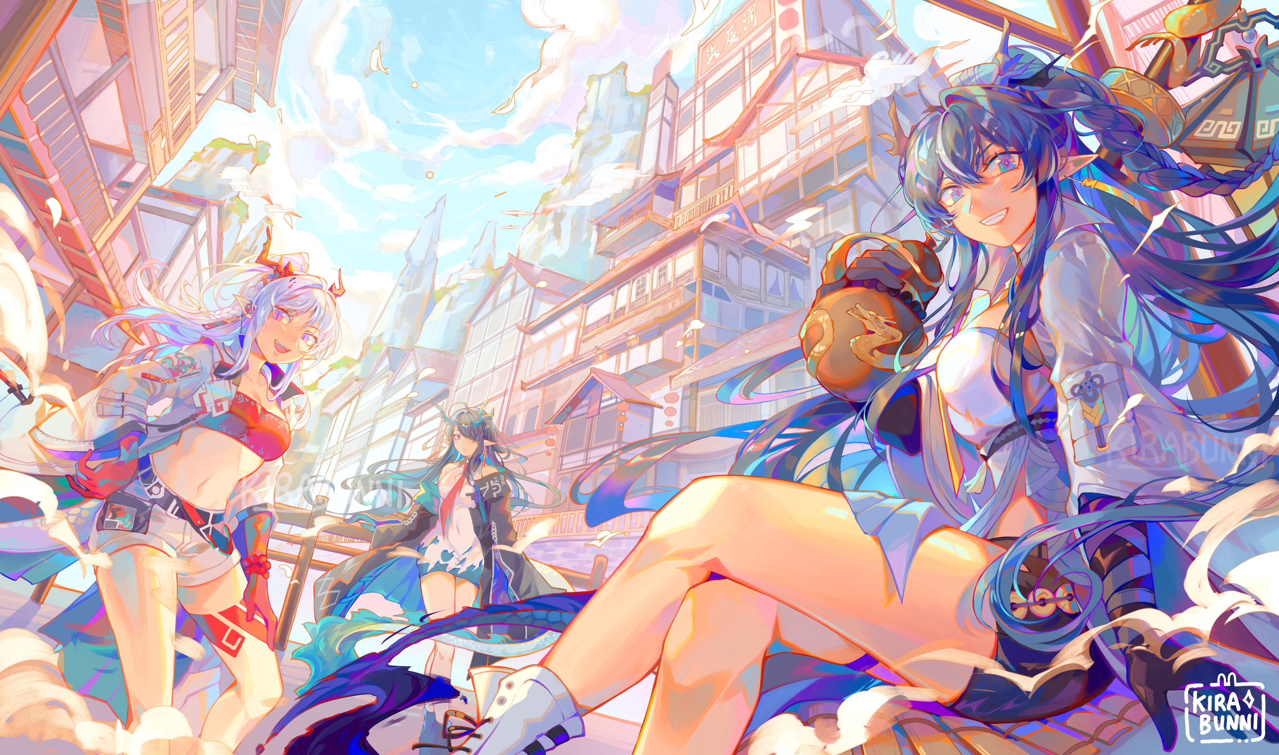 4K Arknights Dragon Girls Ling, Nian, and Dusk in a City HD Wallpaper