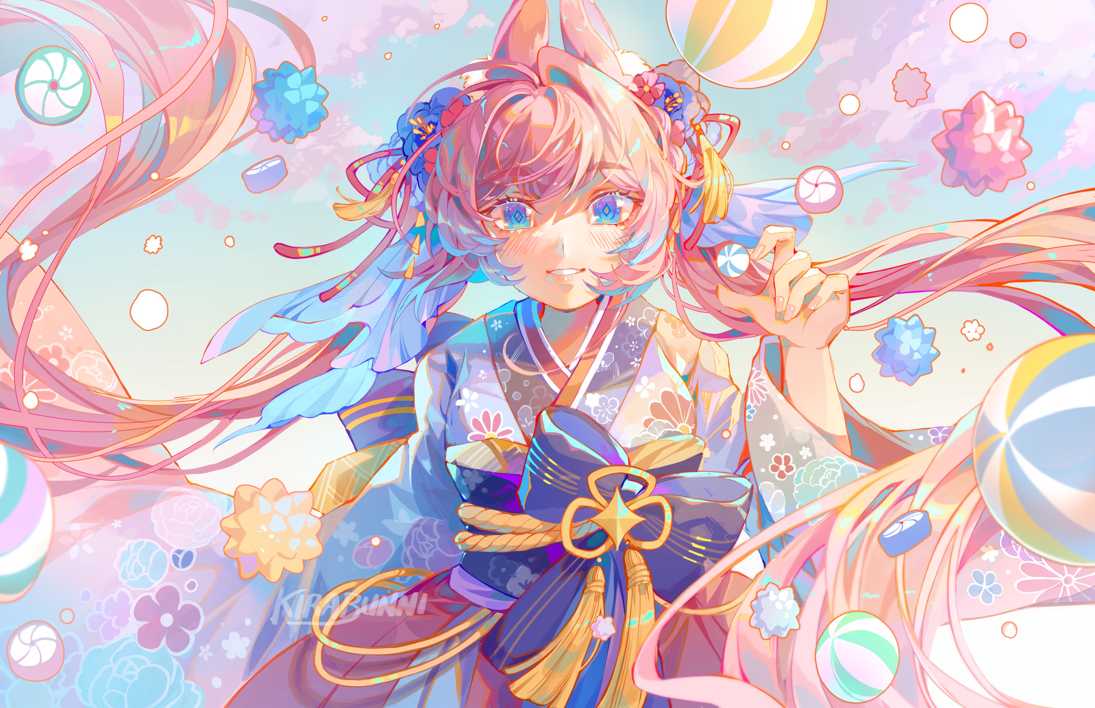 Anime girl with bunny ears in a kimono with candy HD Wallpaper