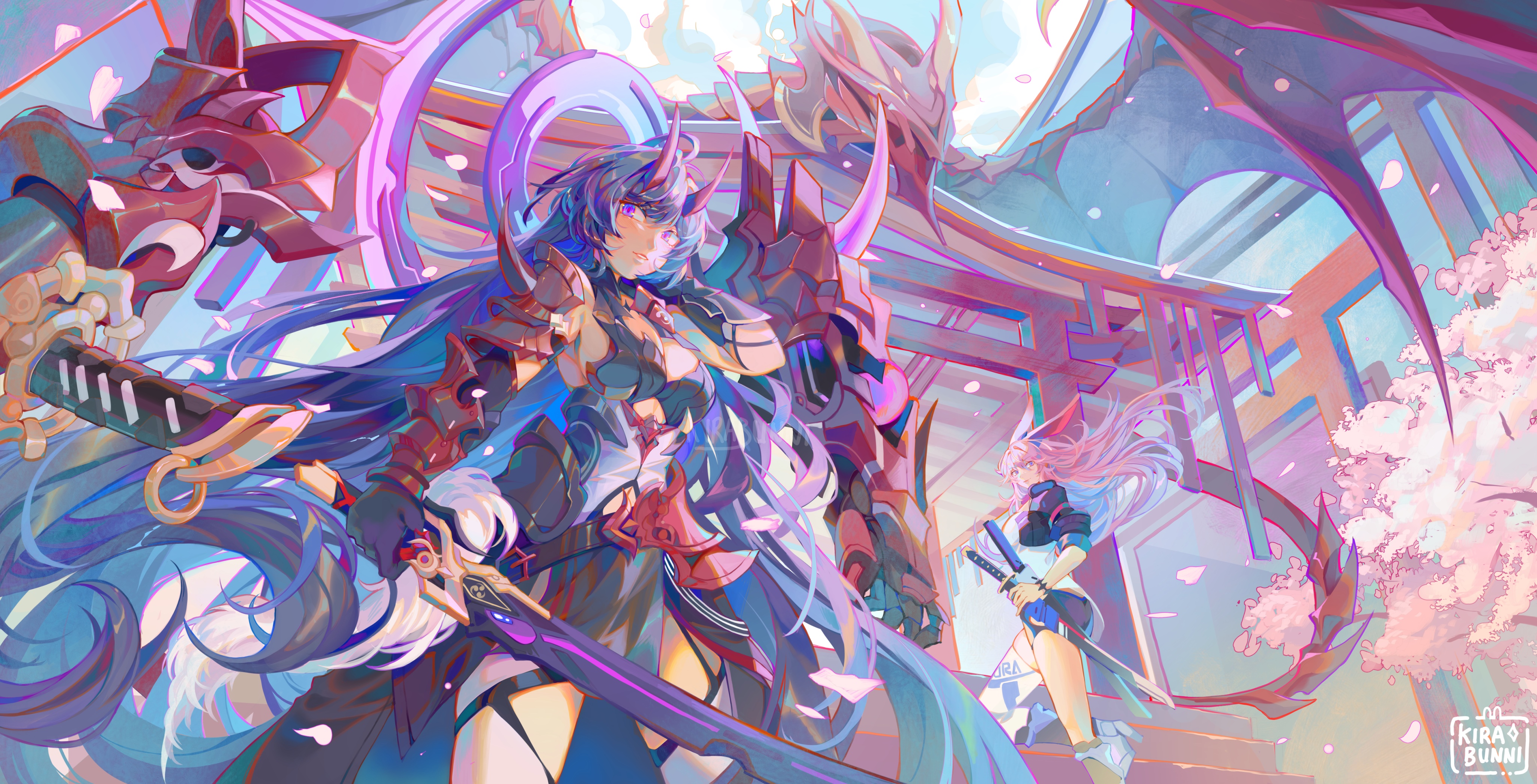 Honkai Impact Raiden Mei and Yae Sakura with Dragons HD Wallpaper