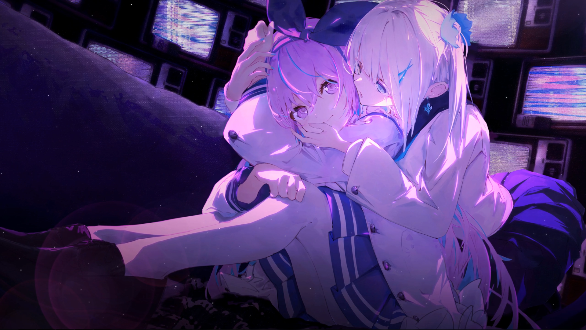 Two anime girls embracing in front of old TVs HD Wallpaper