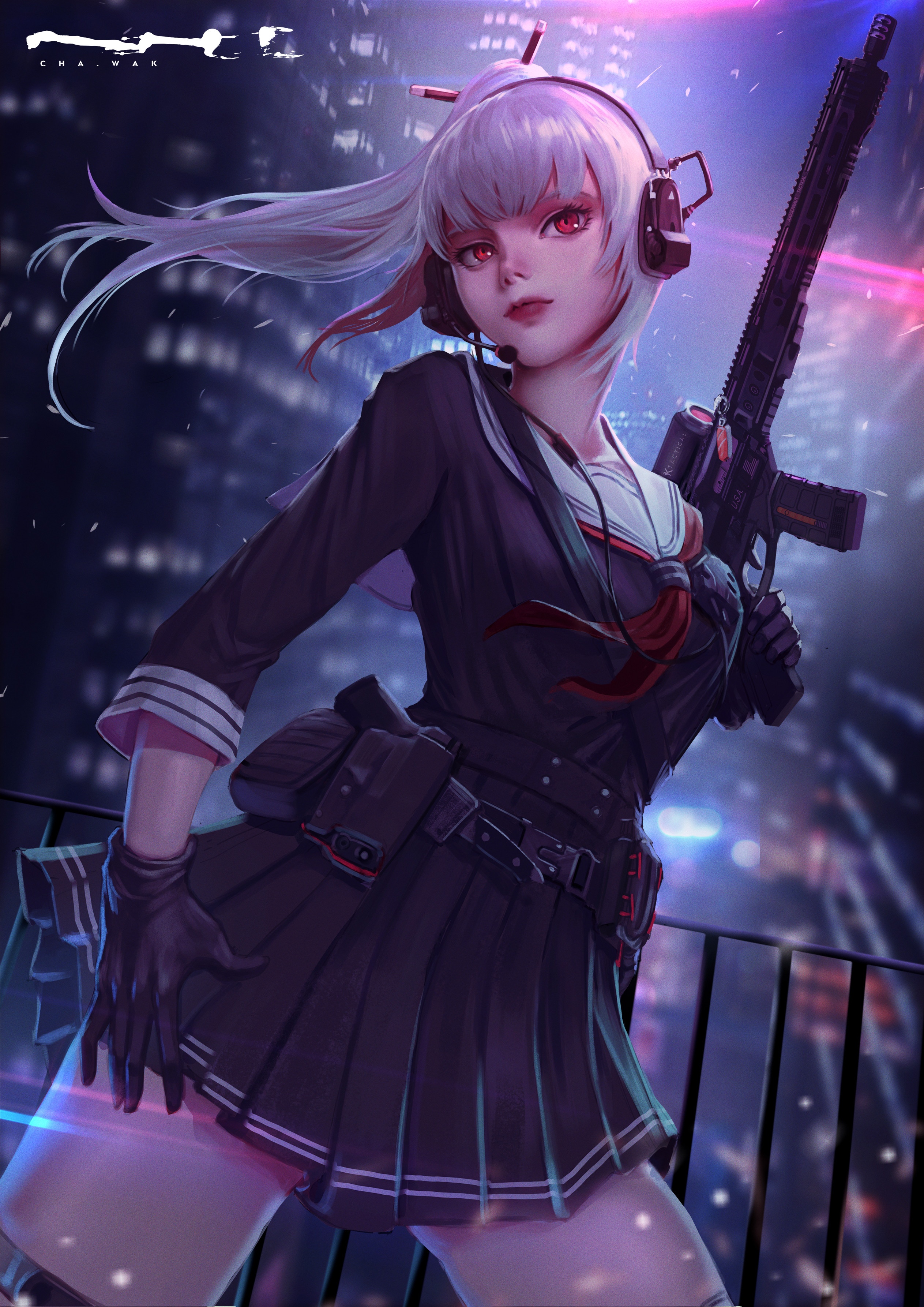 CHA WAK Pink-haired Girl with Gun in School Uniform HD Phone Wallpaper
