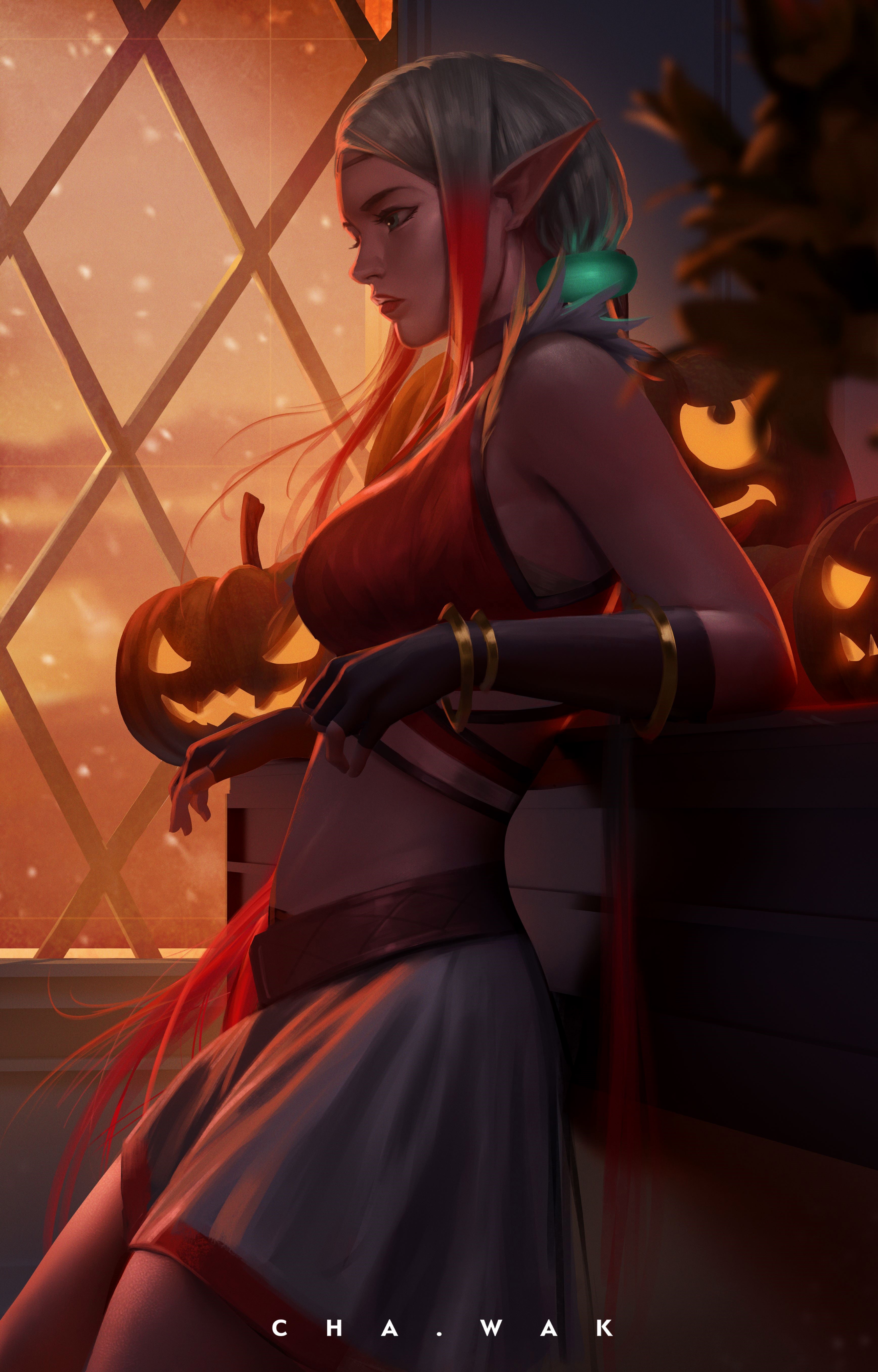 Elf woman with pumpkins and Halloween decorations HD Phone Wallpaper