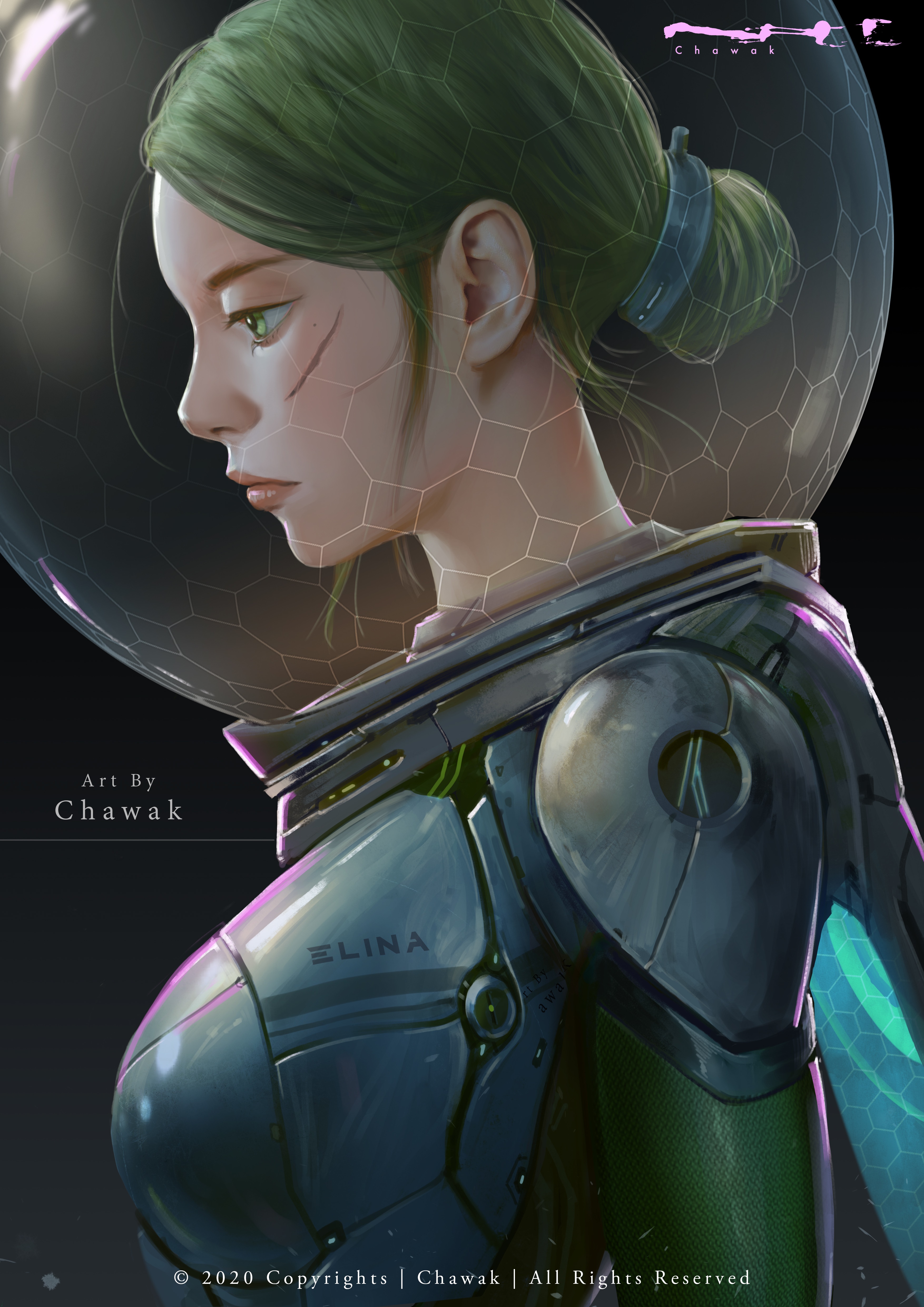 Illustration of a woman in a spacesuit with green hair HD Phone Wallpaper