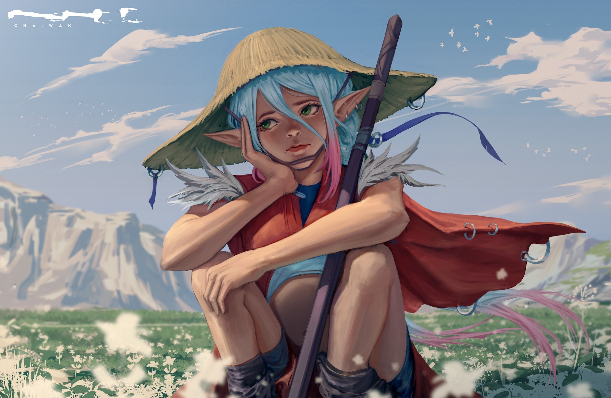 CHA WAK fantasy girl with straw hat and gradient hair HD Wallpaper