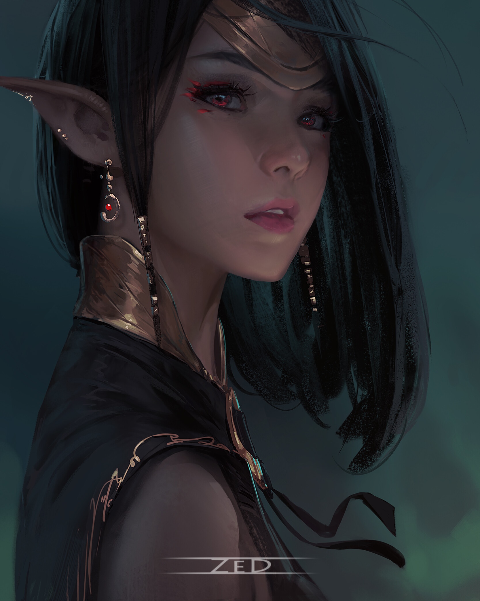 Trungbui's elf woman with dark hair and gold accents HD Phone Wallpaper