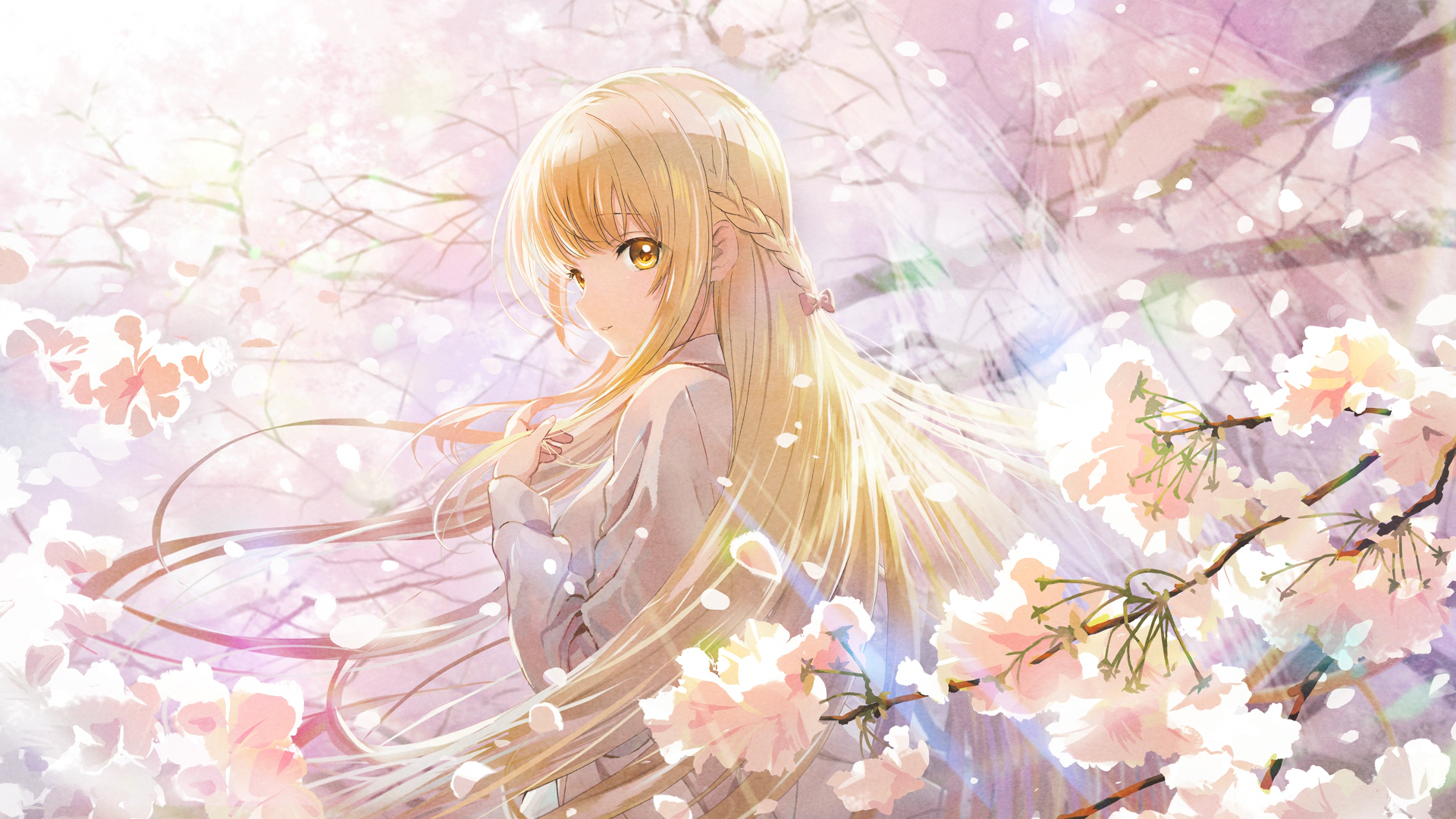 Shiina Mahiru with blonde hair and yellow eyes surrounded by cherry blossoms HD Wallpaper