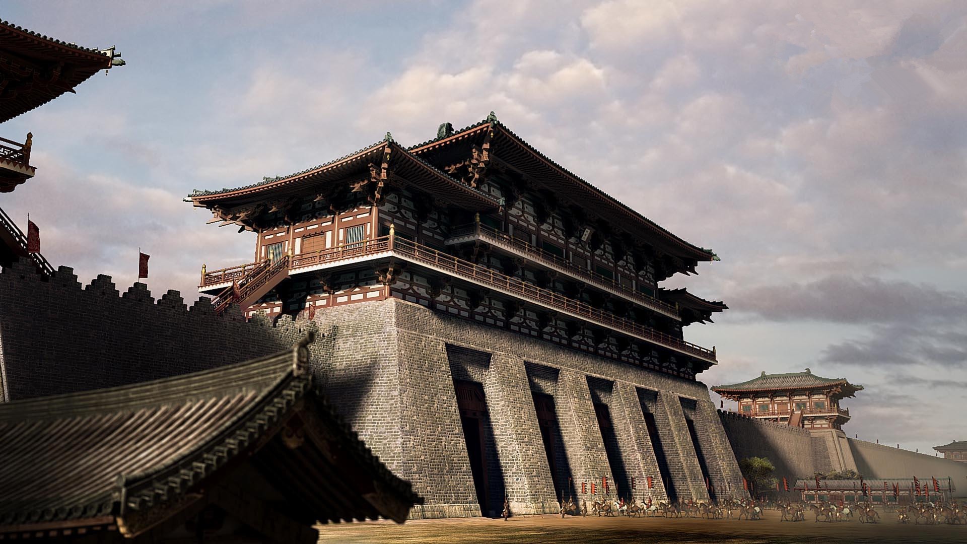 Ancient Chinese architecture with a large stone gate and wooden buildings HD Wallpaper
