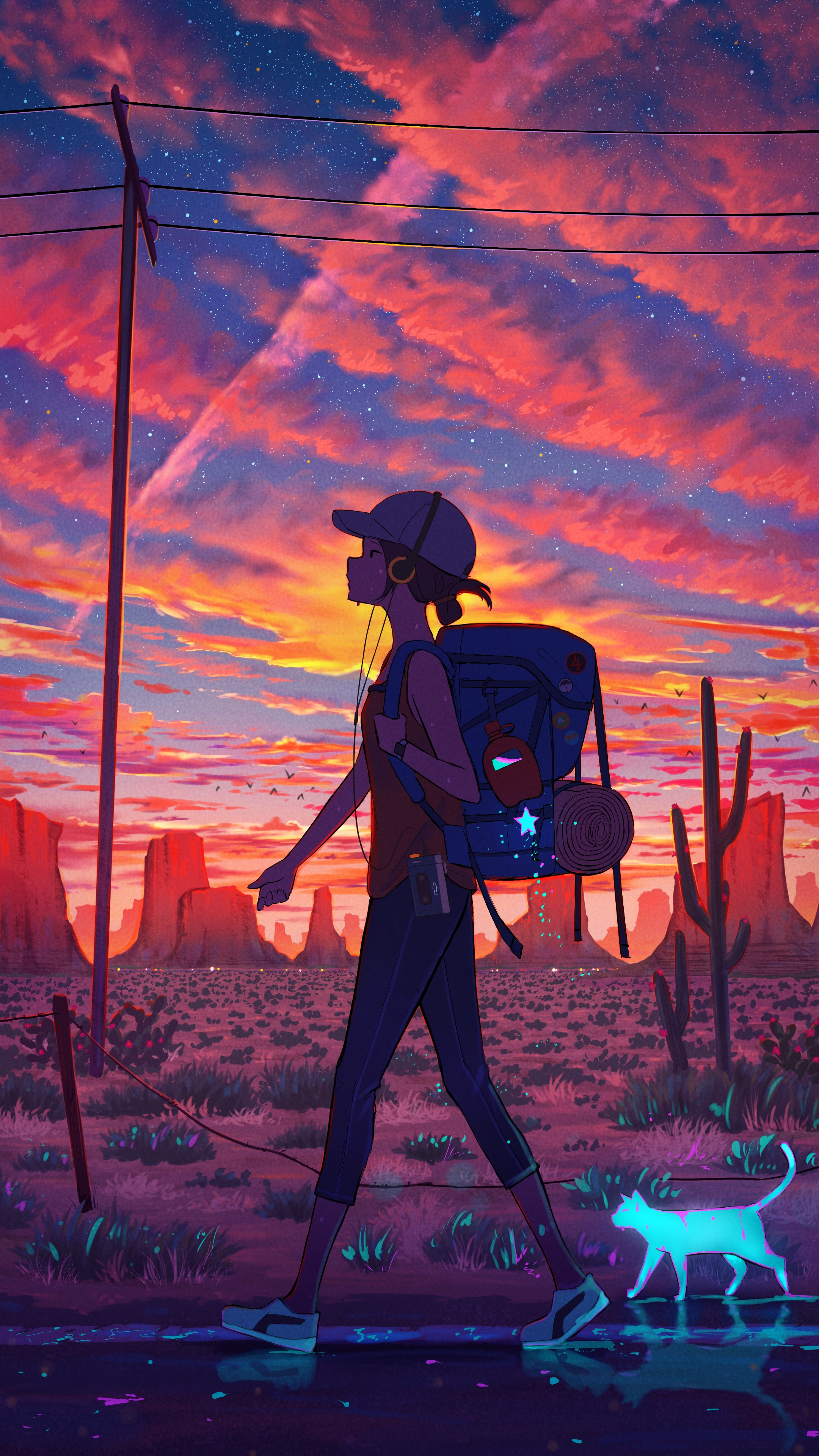 Girl with backpack and glowing cat at sunset HD Phone Wallpaper