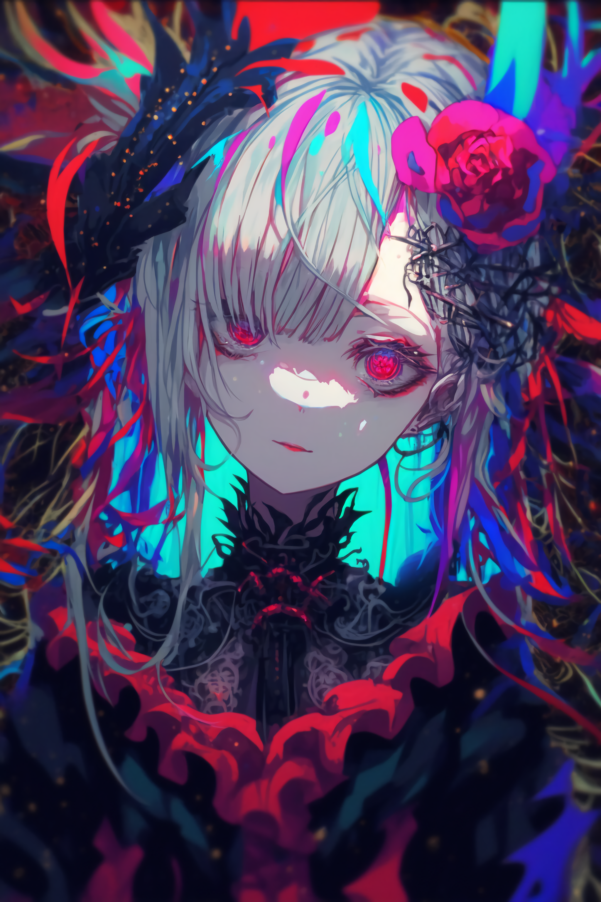 Anime girl with multi-colored hair and red glowing eyes HD Phone Wallpaper