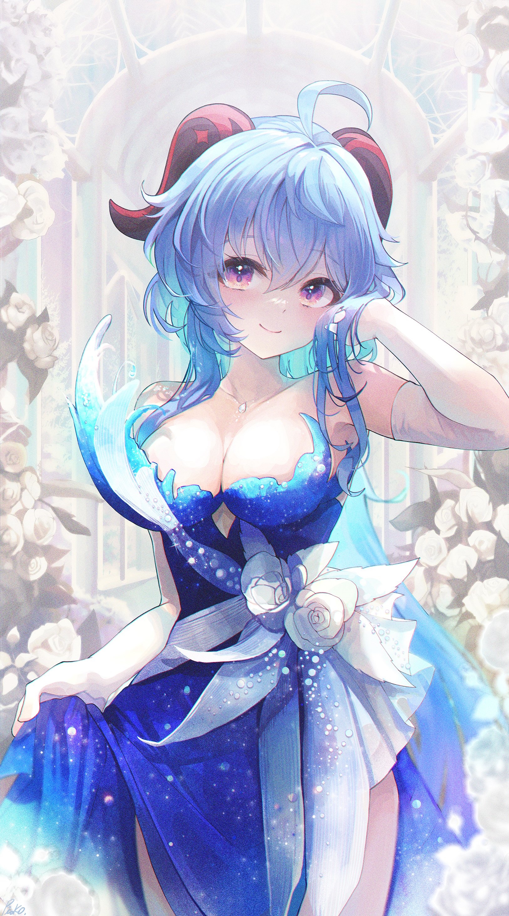 Ganyu in a blue dress with flowers HD Phone Wallpaper