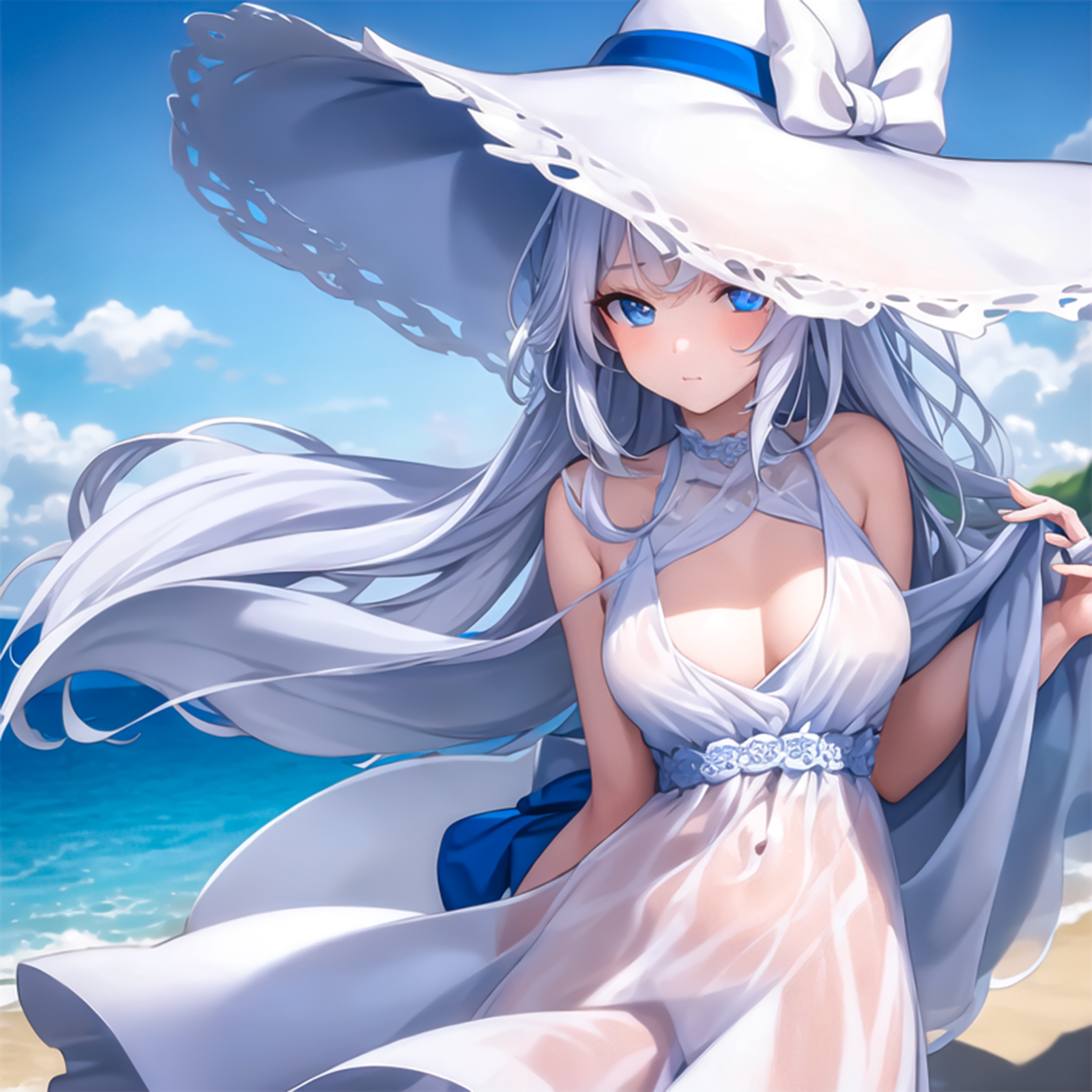4K Anime Girl in White Dress at the Beach HD Wallpaper